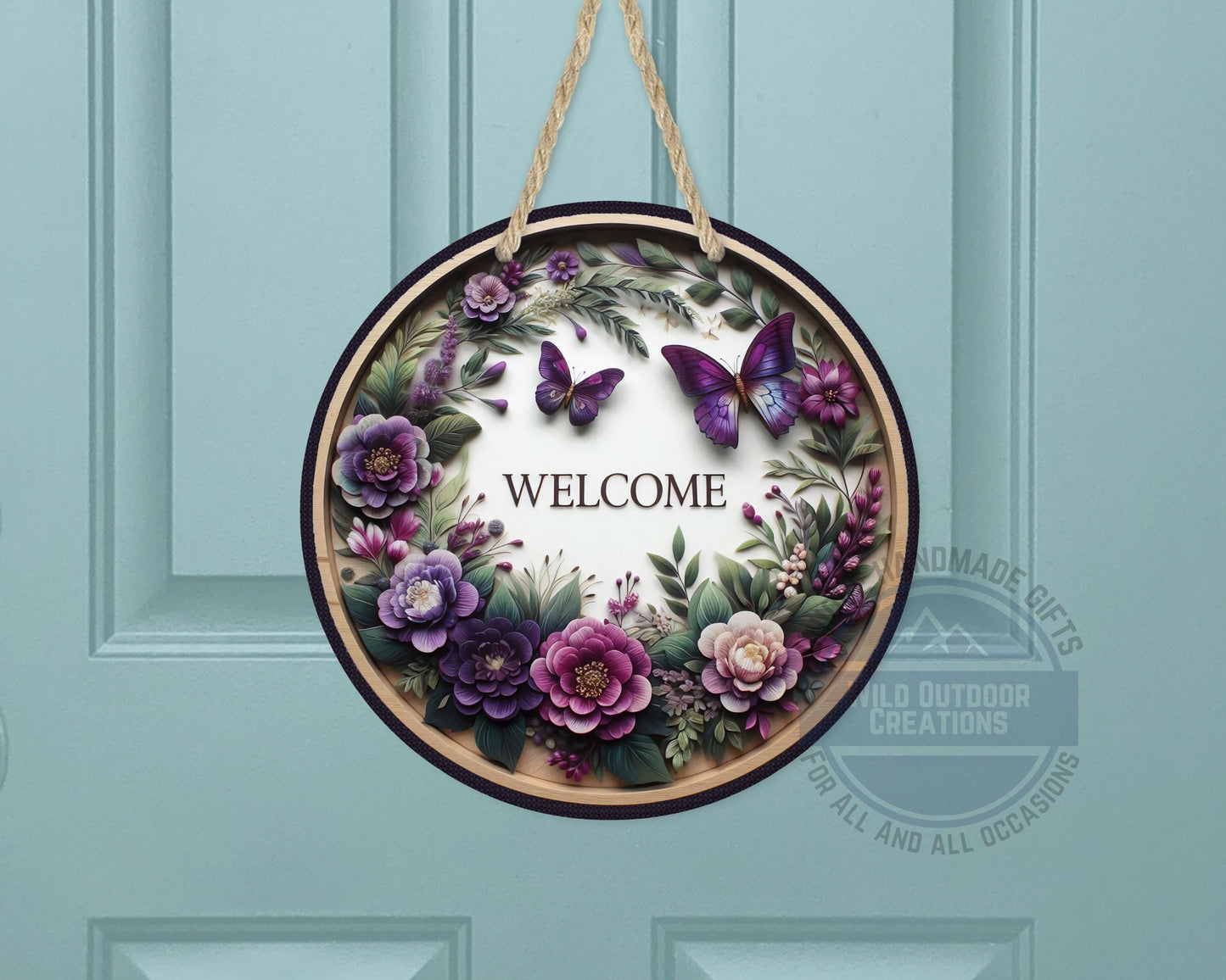 Welcome Door Hanger - Purple Floral Butterfly Porch Sign | Weather Resistant Aluminum - additional angle