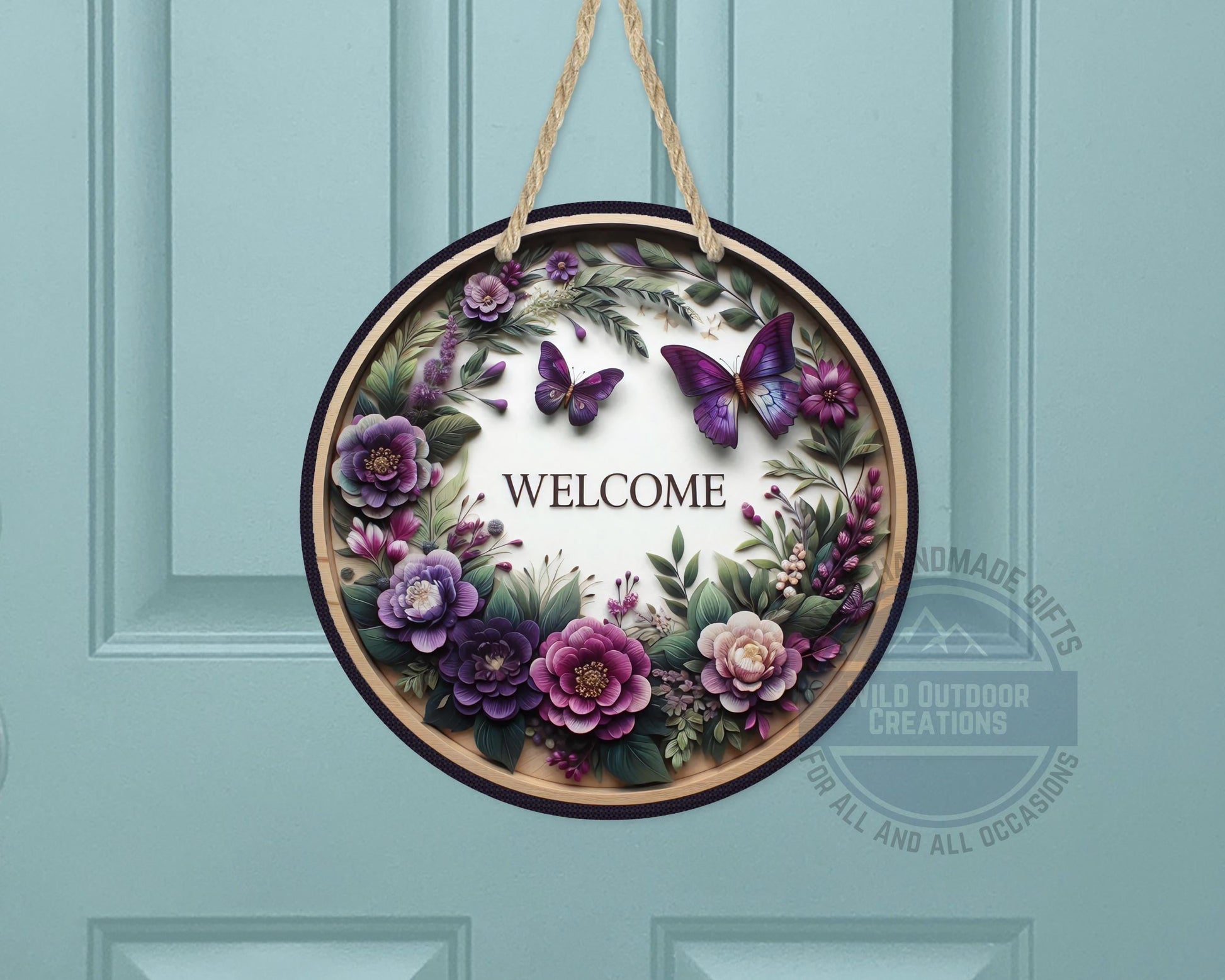 Welcome Door Hanger - Purple Floral Butterfly Porch Sign | Weather Resistant Aluminum - additional angle