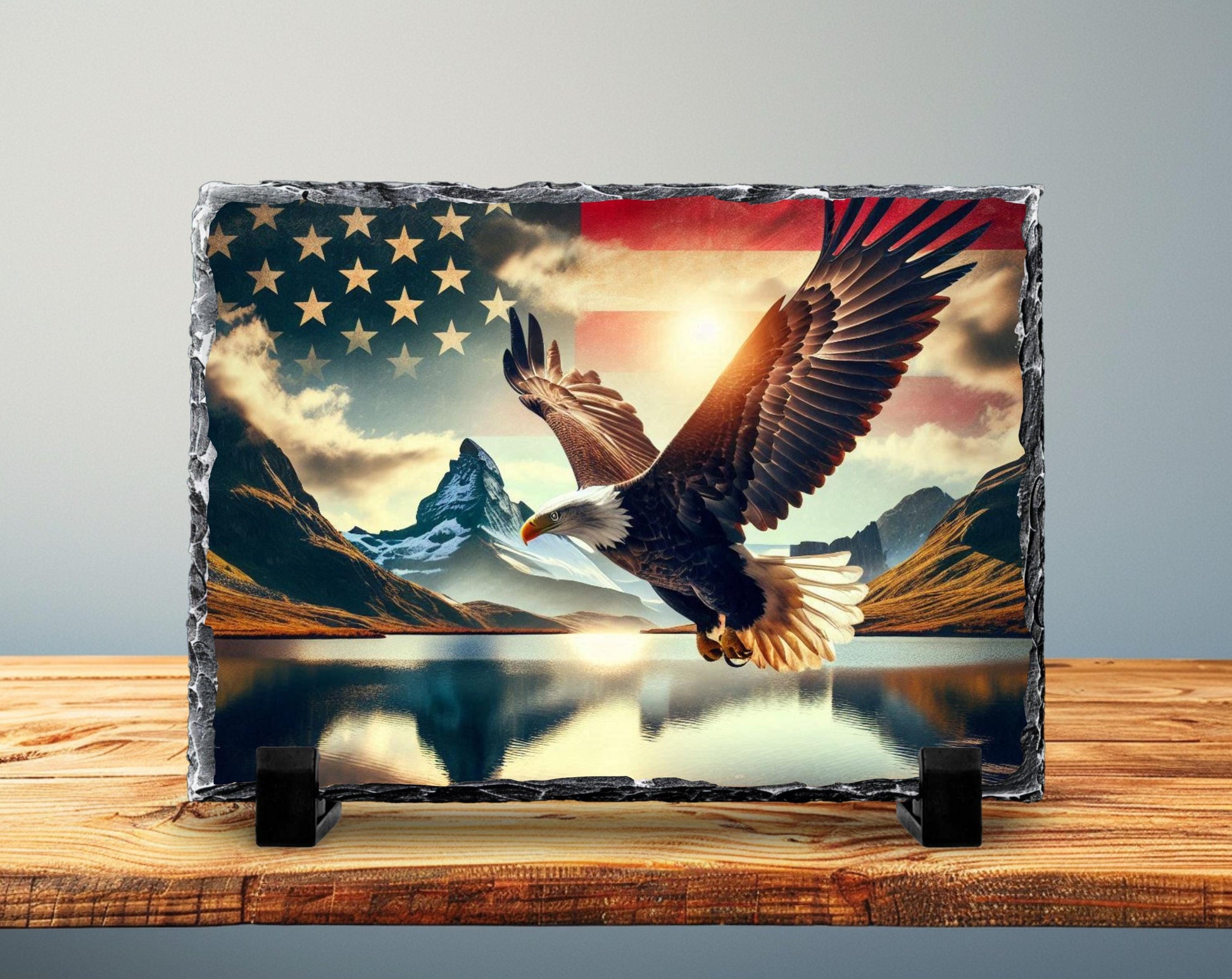 Patriotic Slate Sign - Bald Eagle Decor With American Flag Art & Mountain Lake - gift presentation view