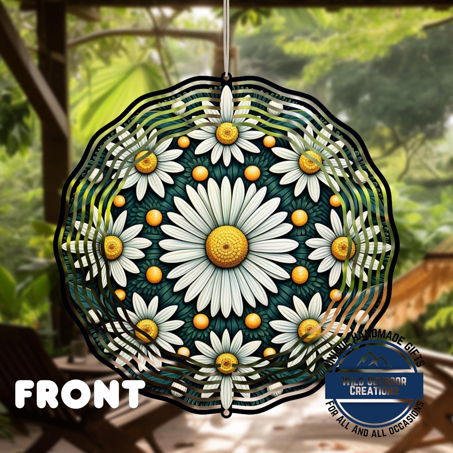 White Daisy Wind Spinner – 10 Inch Double Sided Aluminum Garden Decor - back side design view