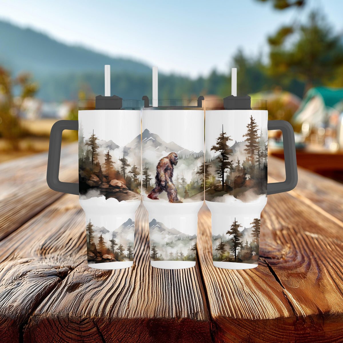 Bigfoot Tumbler, 40 Oz Handle Cup, Misty Forest Sasquatch Gift