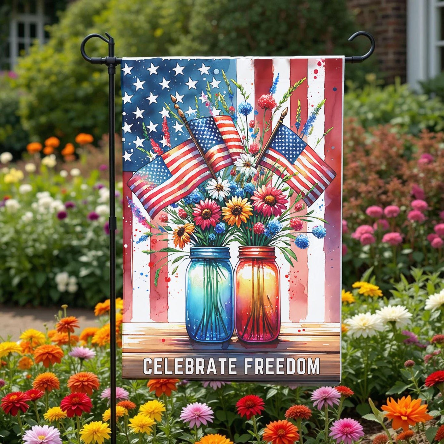 Patriotic Garden Flag – Mason Jar Flowers Floral American 12x18 Outdoor Decor