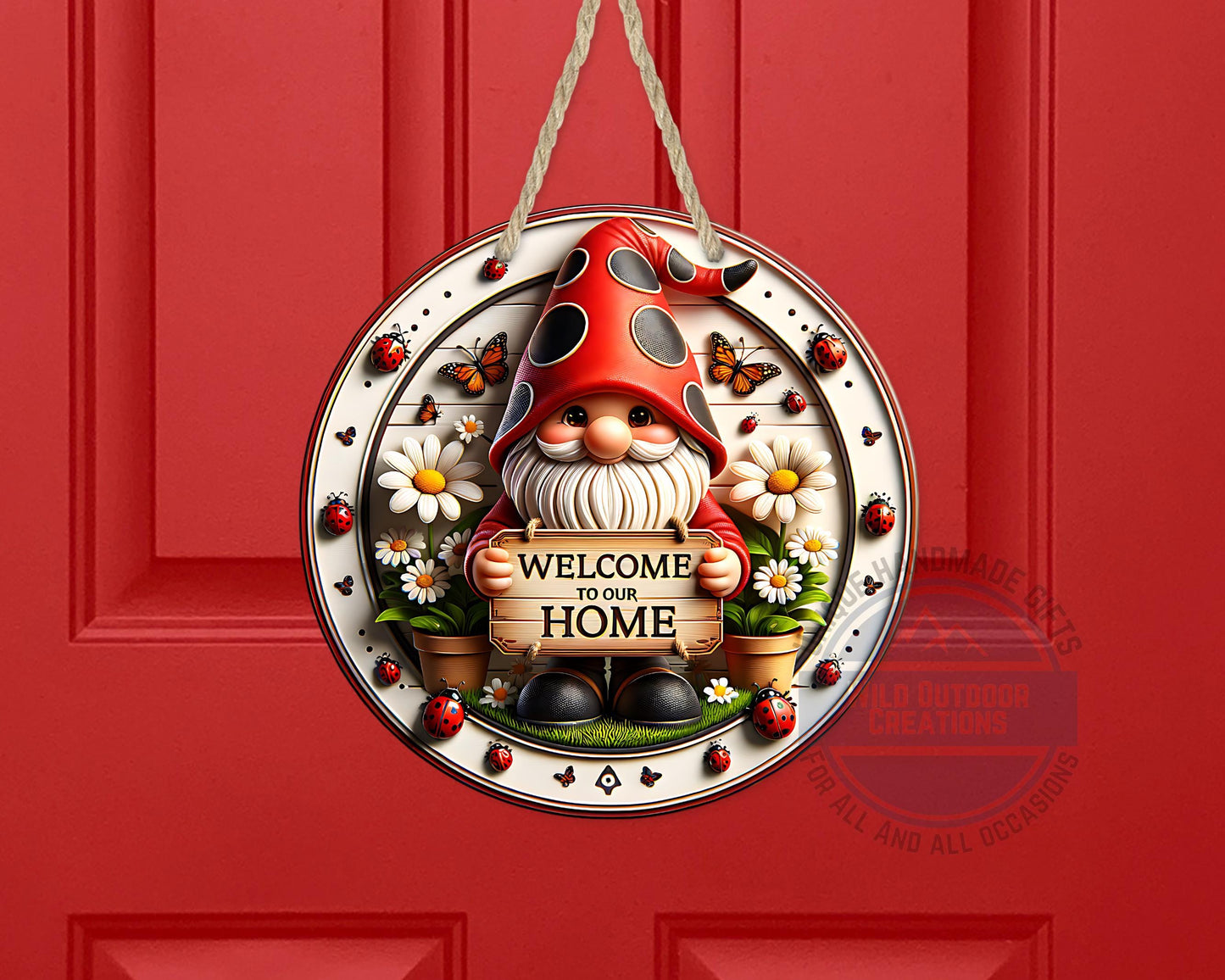 Welcome Gnome Door Hanger - Red Hat Gnome with Daisy & Ladybug Accents - additional angle