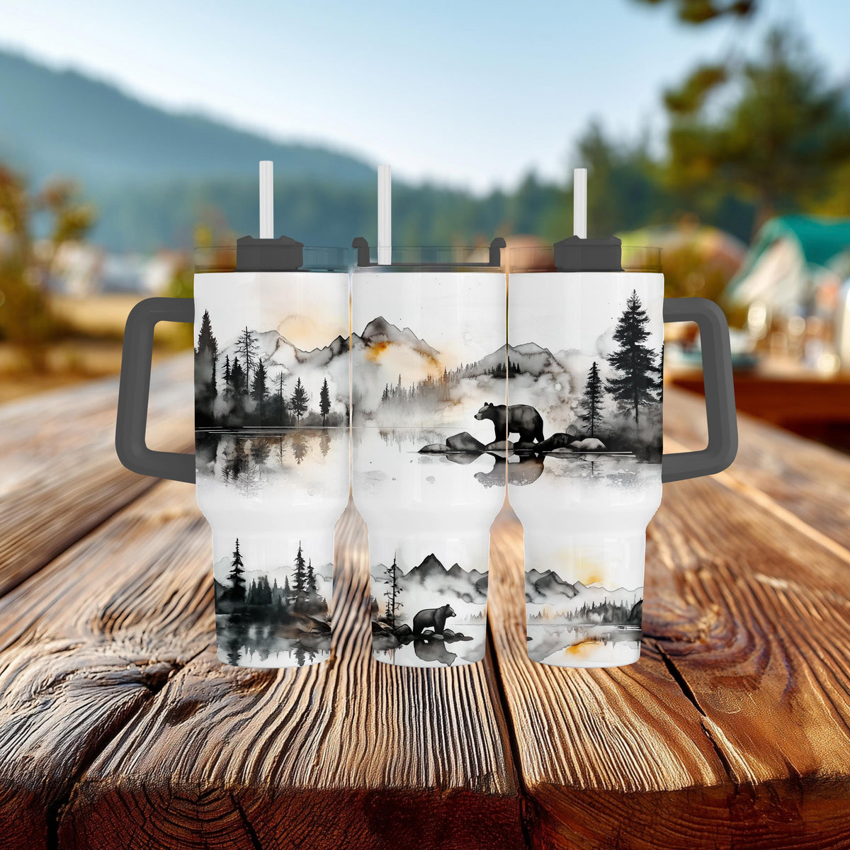 Black Bear Tumbler, 40 Oz Handle Cup, Misty Mountain Watercolor