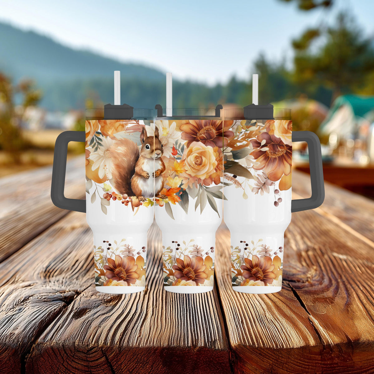 40 Oz Tumbler With Handle, Squirrel Fall Floral Woodland Cup Gift