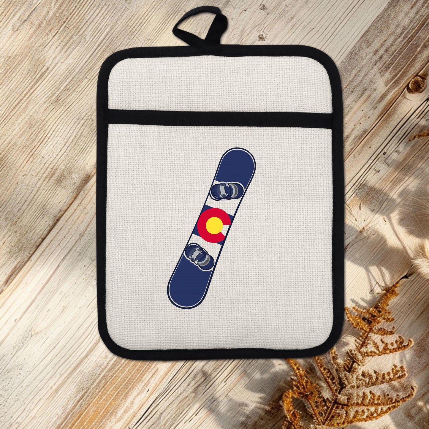 Snowboard Pot Holder - Colorado Flag Design | Linen Fabric & Silicone Backing Pad Trivet - alternate view