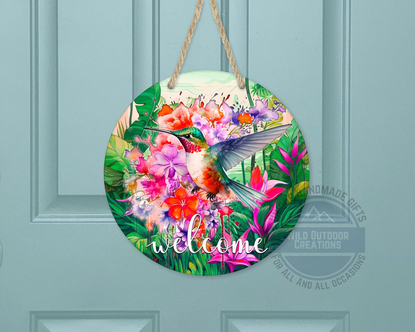 Floral Hummingbird Door Decor - Weather Resistant Garden Door Decor Sign - detail view