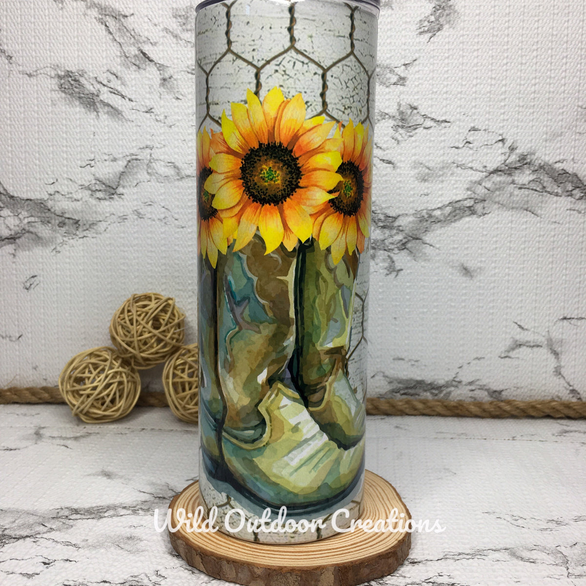 Rustic Sunflower Tumbler, Cowboy Boot Steel, 20 Oz, Lid Straw Cup