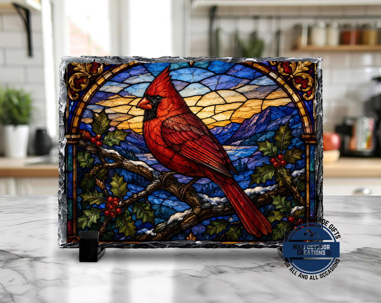Red Cardinal Faux Stained Glass Slate Plaque, Memorial Bird Decor, Christmas Sympathy Gift