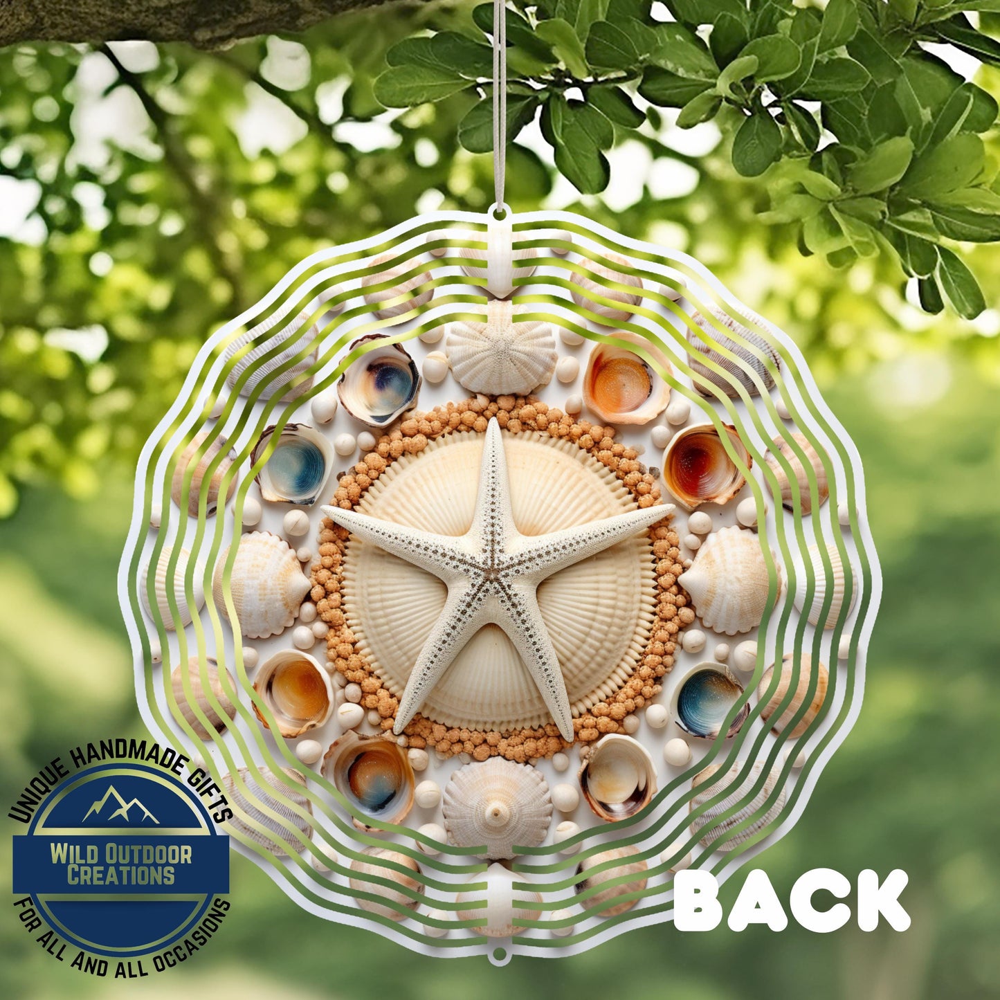 Coastal Seashell Wind Spinner - Aluminum Beach Nautical Yard Art, 10 Inch - close-up detail of design