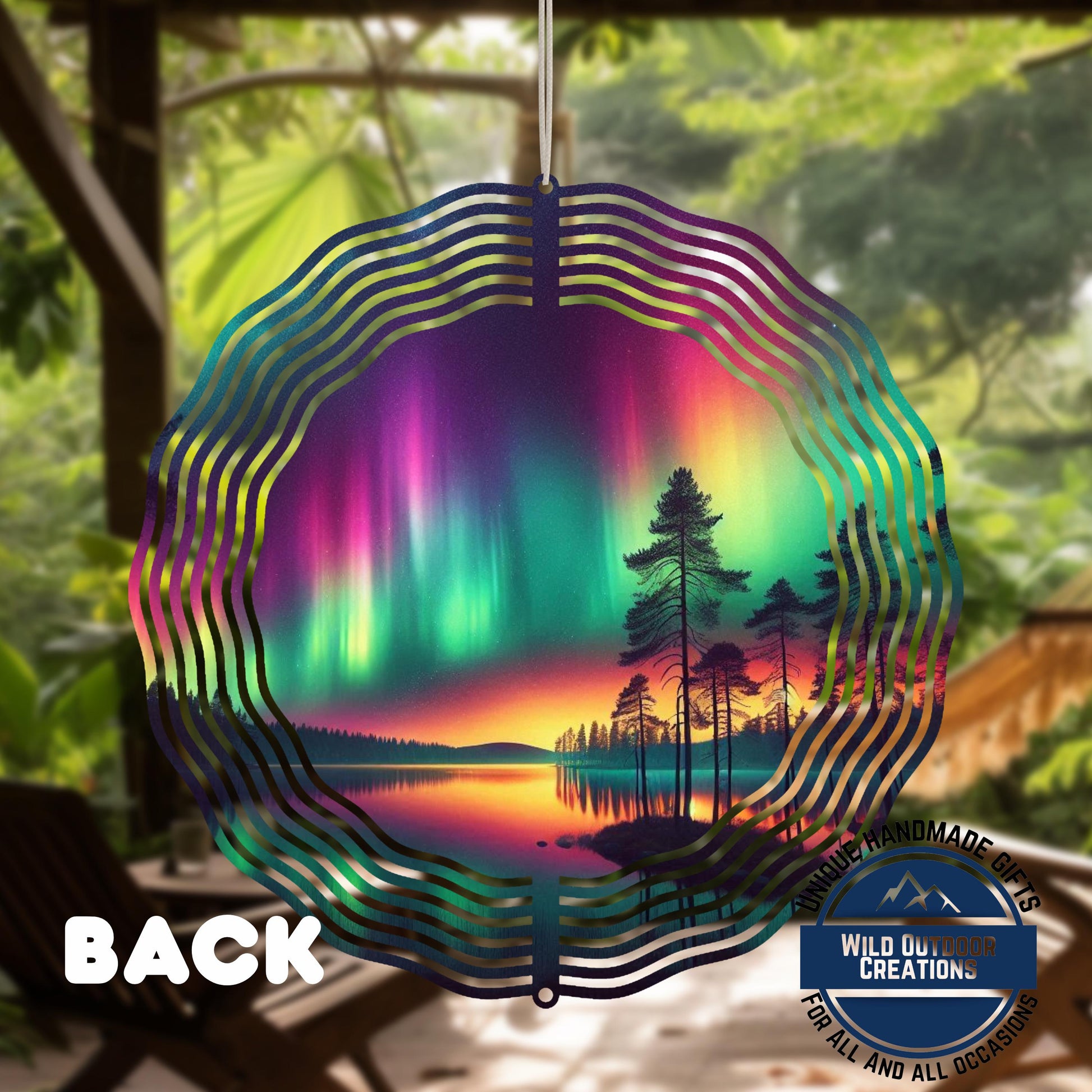 Aurora Borealis Wind Spinner - Double Sided Aluminum Garden Decor with 360 Degree Swivel - scale and size reference