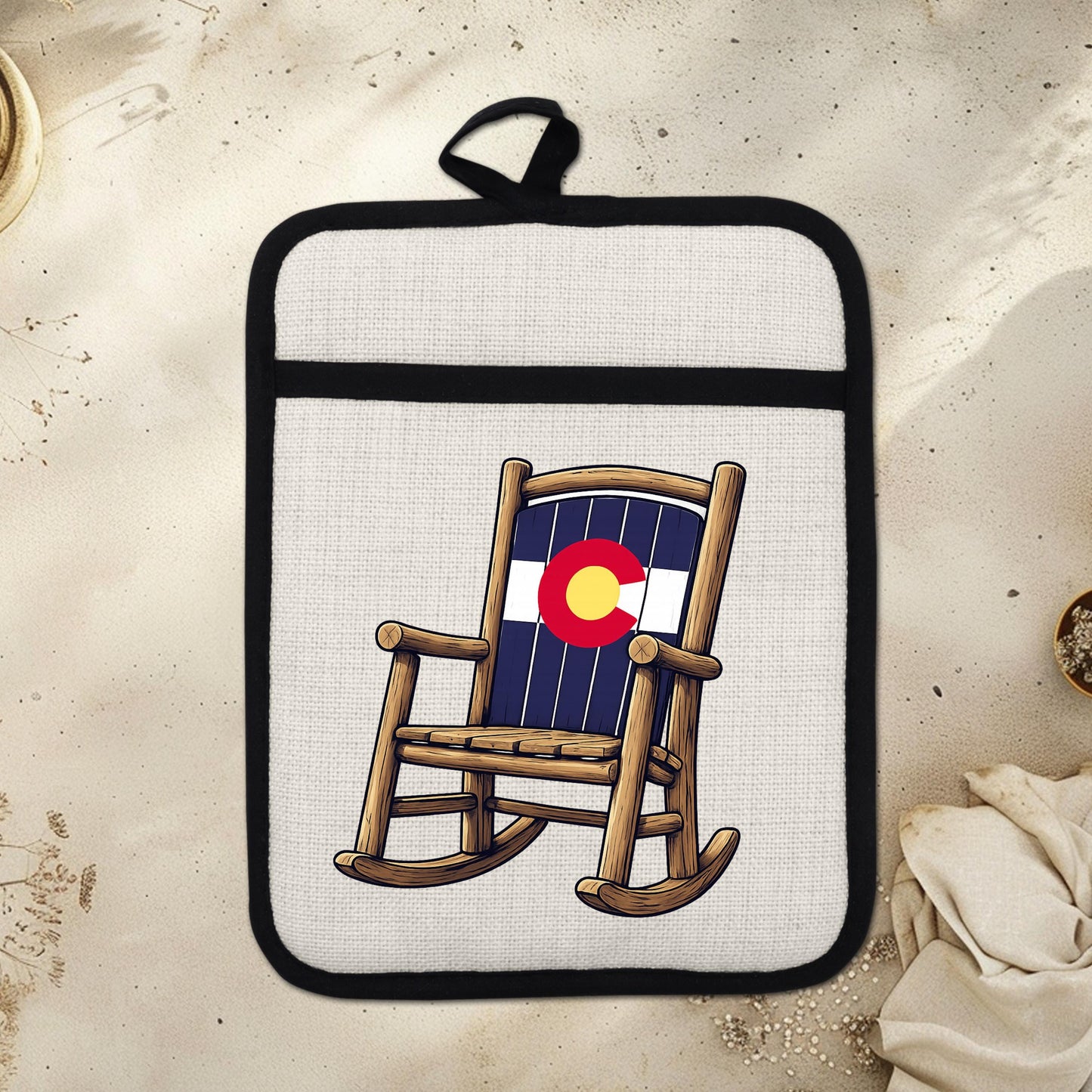 Linen Oven Mitt - Colorado Rocking Chair Pot Holder with Trivet & Heat Resistant Design - lifestyle view