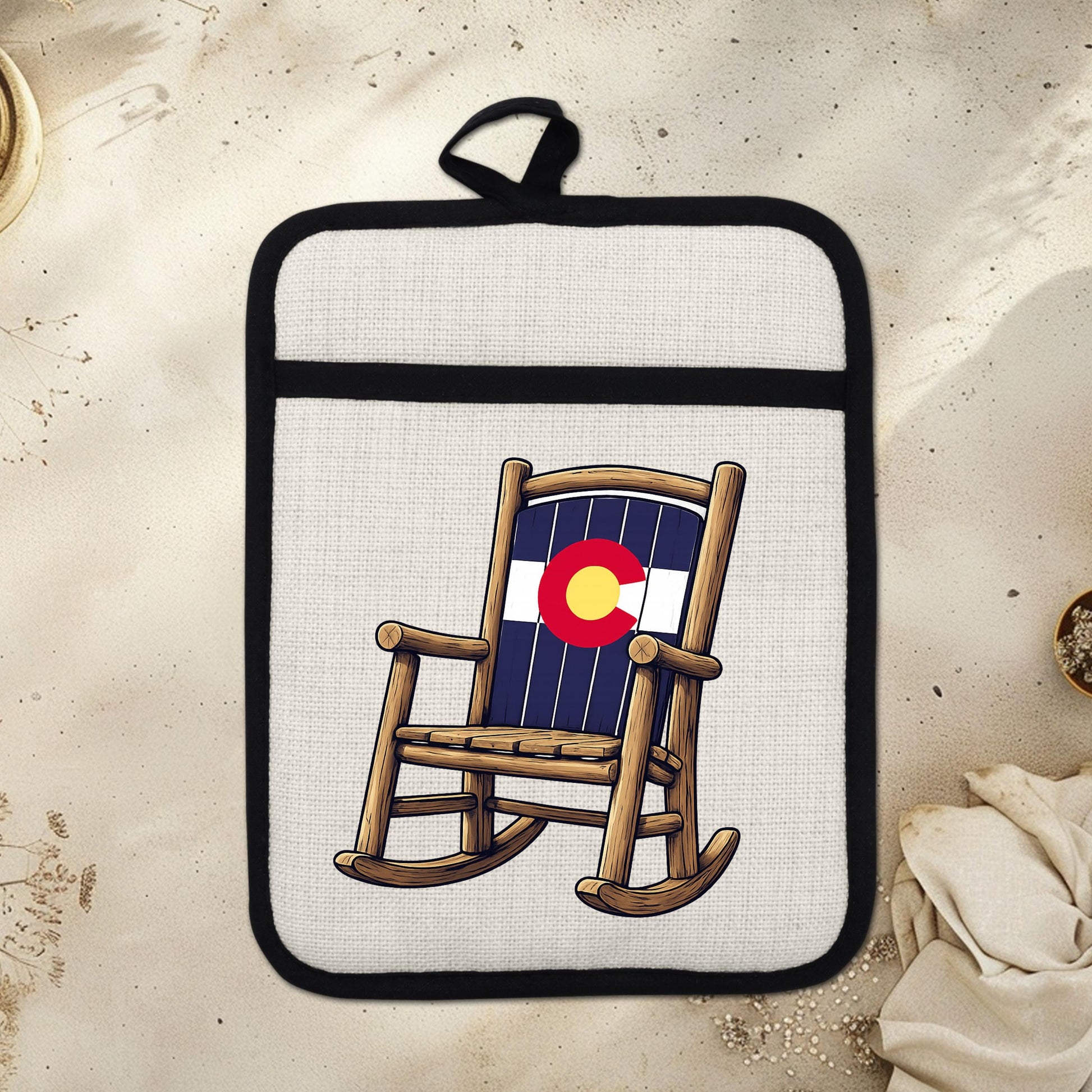 Linen Oven Mitt - Colorado Rocking Chair Pot Holder with Trivet & Heat Resistant Design - lifestyle view