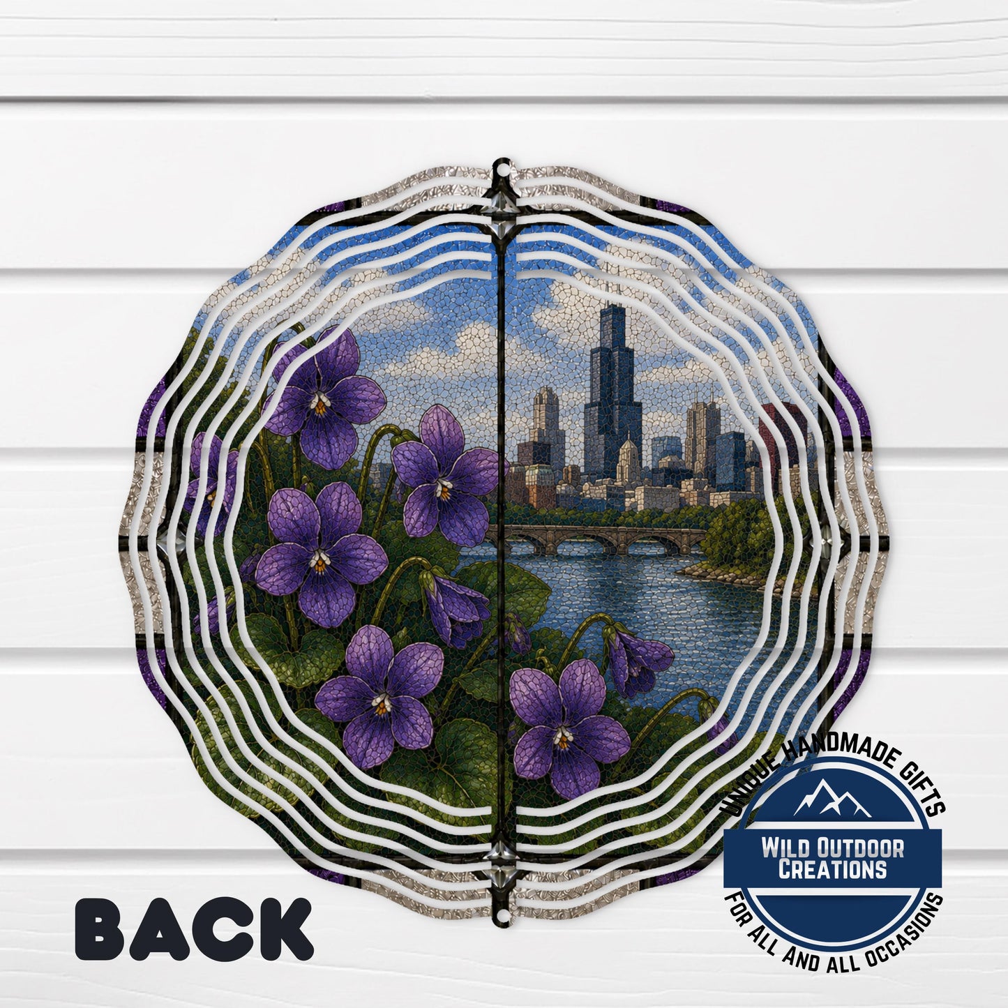 Violet Wind Spinner - Illinois State Flower Aluminum Garden Spinner with Chicago Skyline