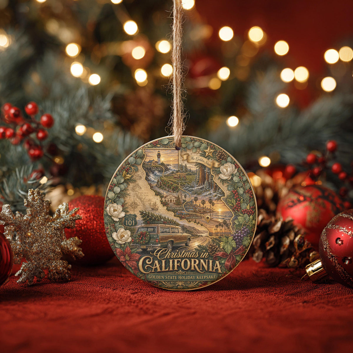 California Christmas Ornament, Vintage Wagon Ceramic Keepsake
