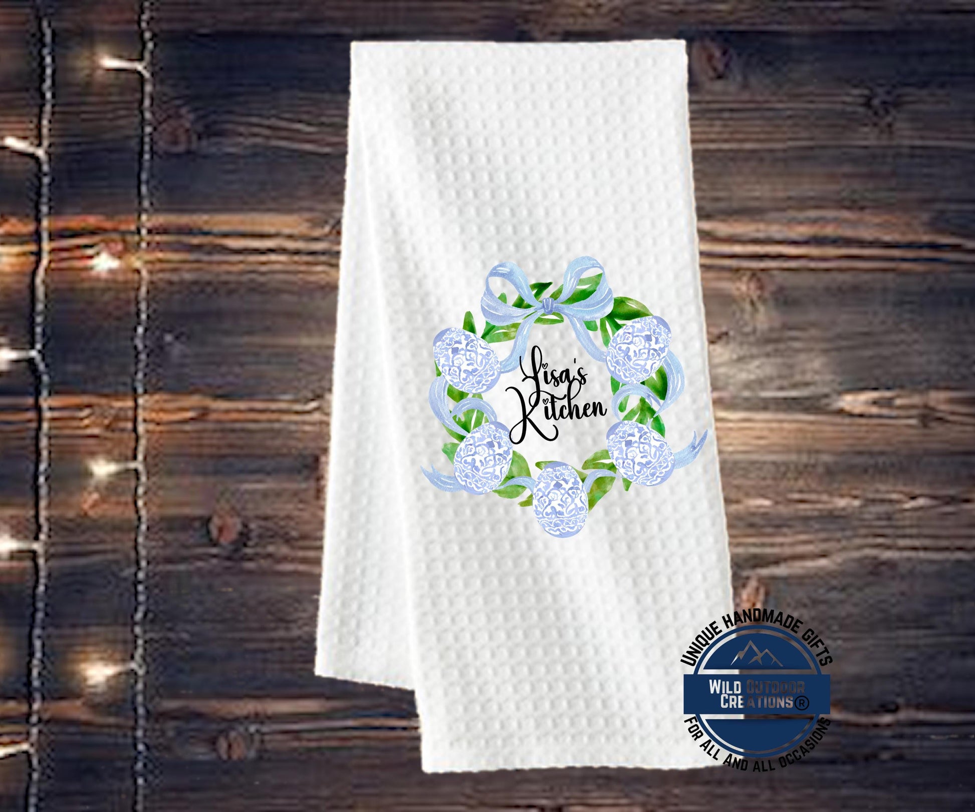 Personalized Easter Towel – Custom Name Kitchen Towel With Blue Chinoiserie Wreath - additional product photo 13