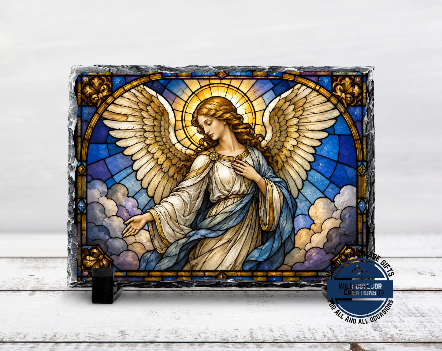 Guardian Angel Faux Stained Glass Slate Plaque, Religious Wall Decor, Christian Sympathy Gift