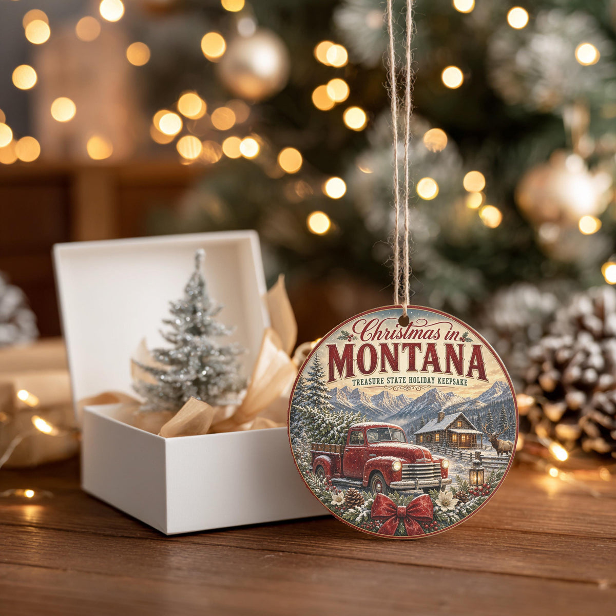Montana Christmas Ornament, Rustic Cabin Scene | Ceramic, 3 Inch