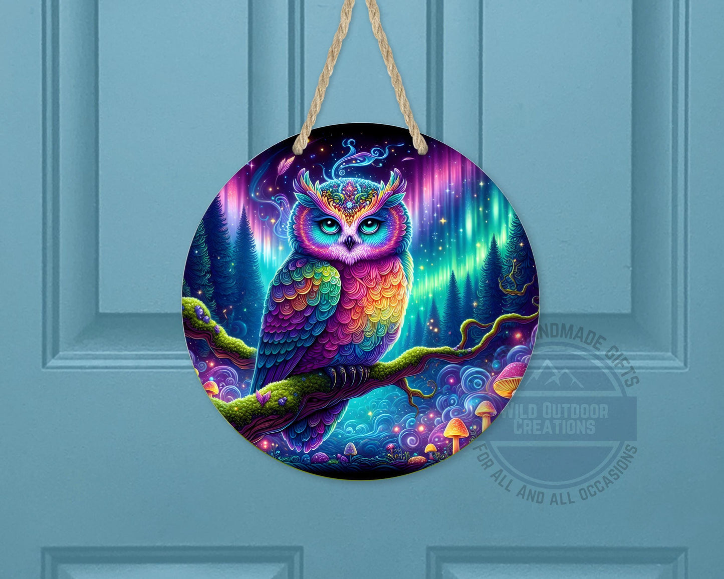 Rainbow Owl Wall Art – Psychedelic Forest Scene | Round Aluminum Sign With Fade Resistant Print - product dimensions and s...