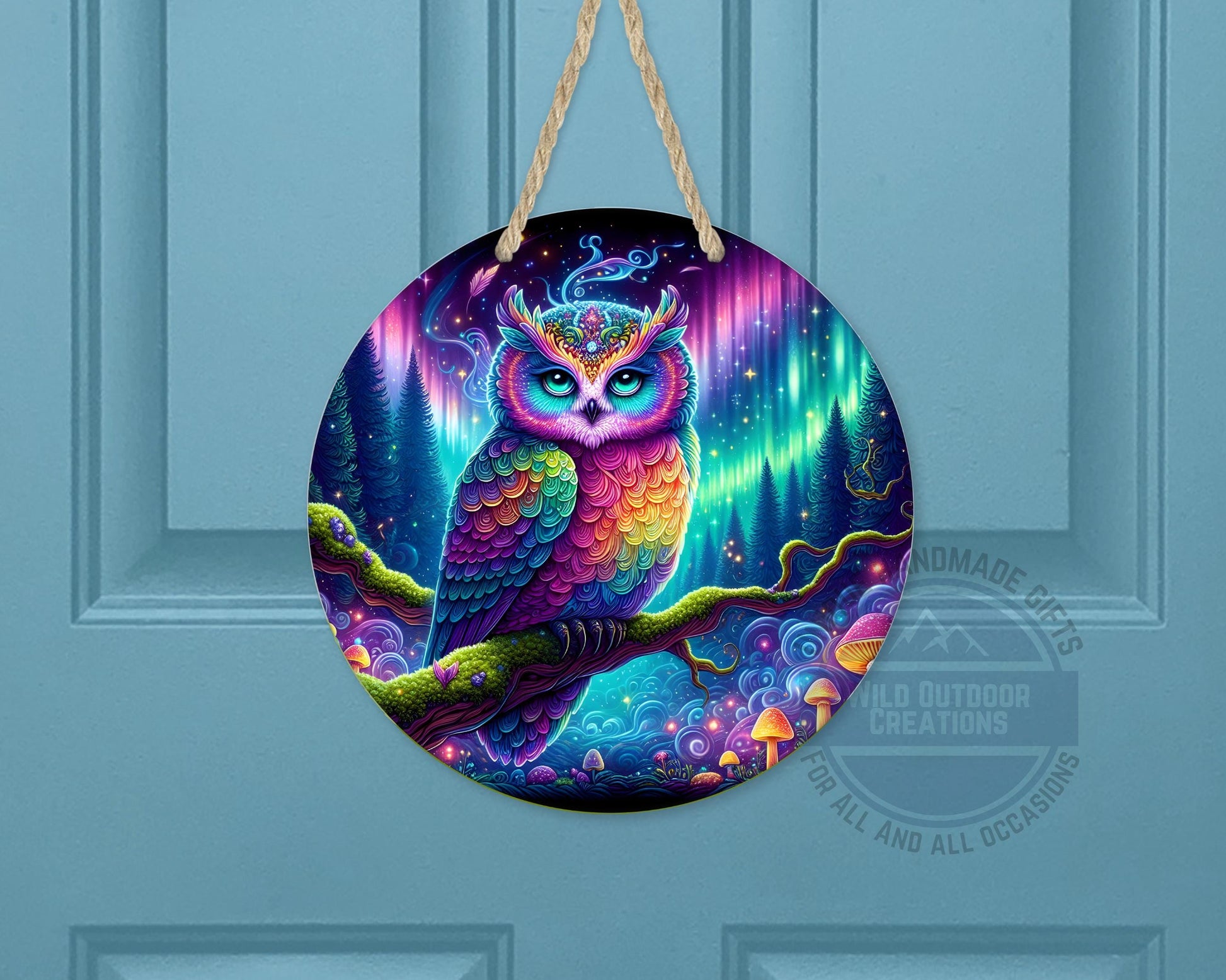 Rainbow Owl Wall Art – Psychedelic Forest Scene | Round Aluminum Sign With Fade Resistant Print - product dimensions and s...