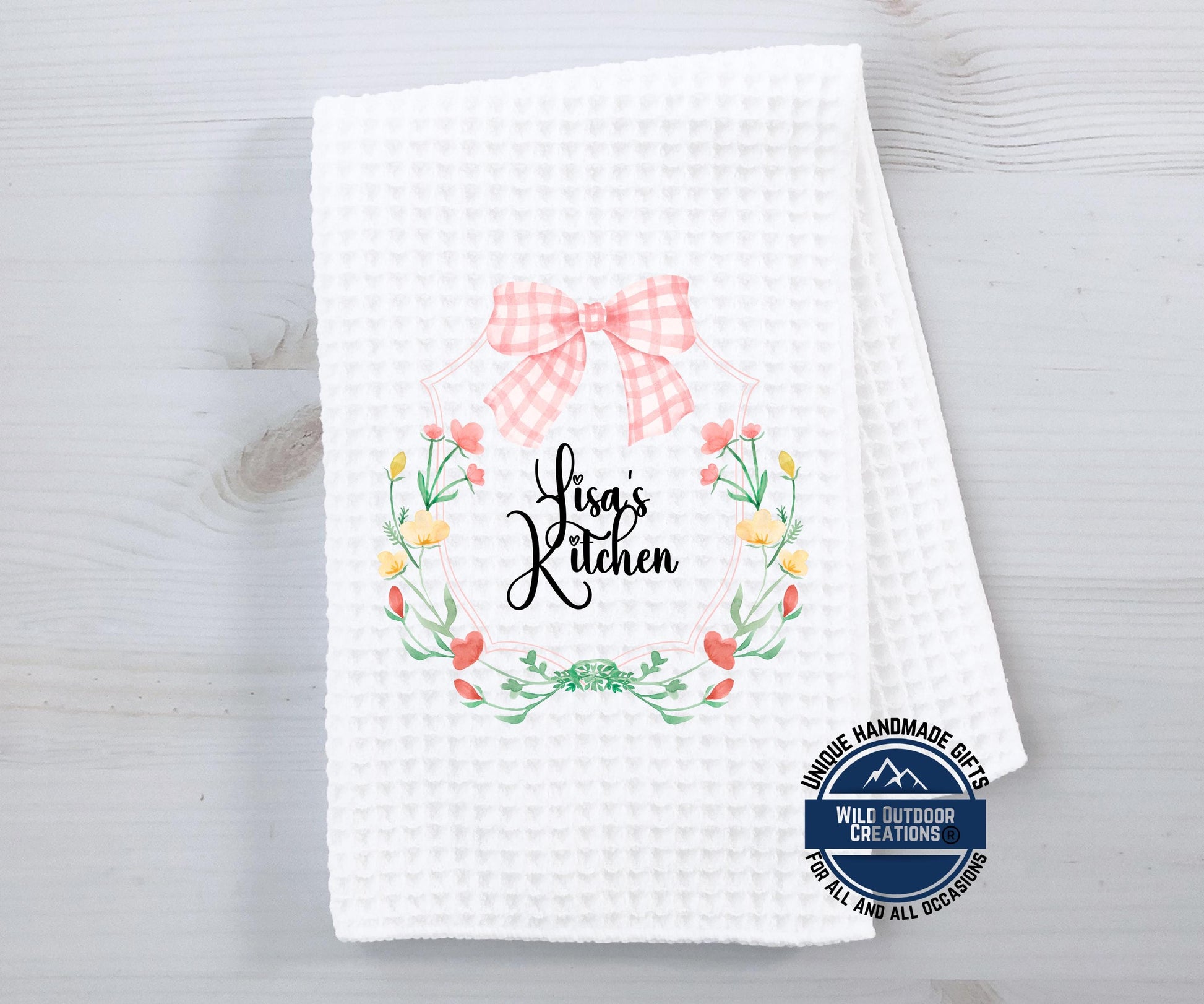 Personalized Kitchen Towel – Custom Floral Wreath Pink Gingham Bow Gift - product dimensions and specifications