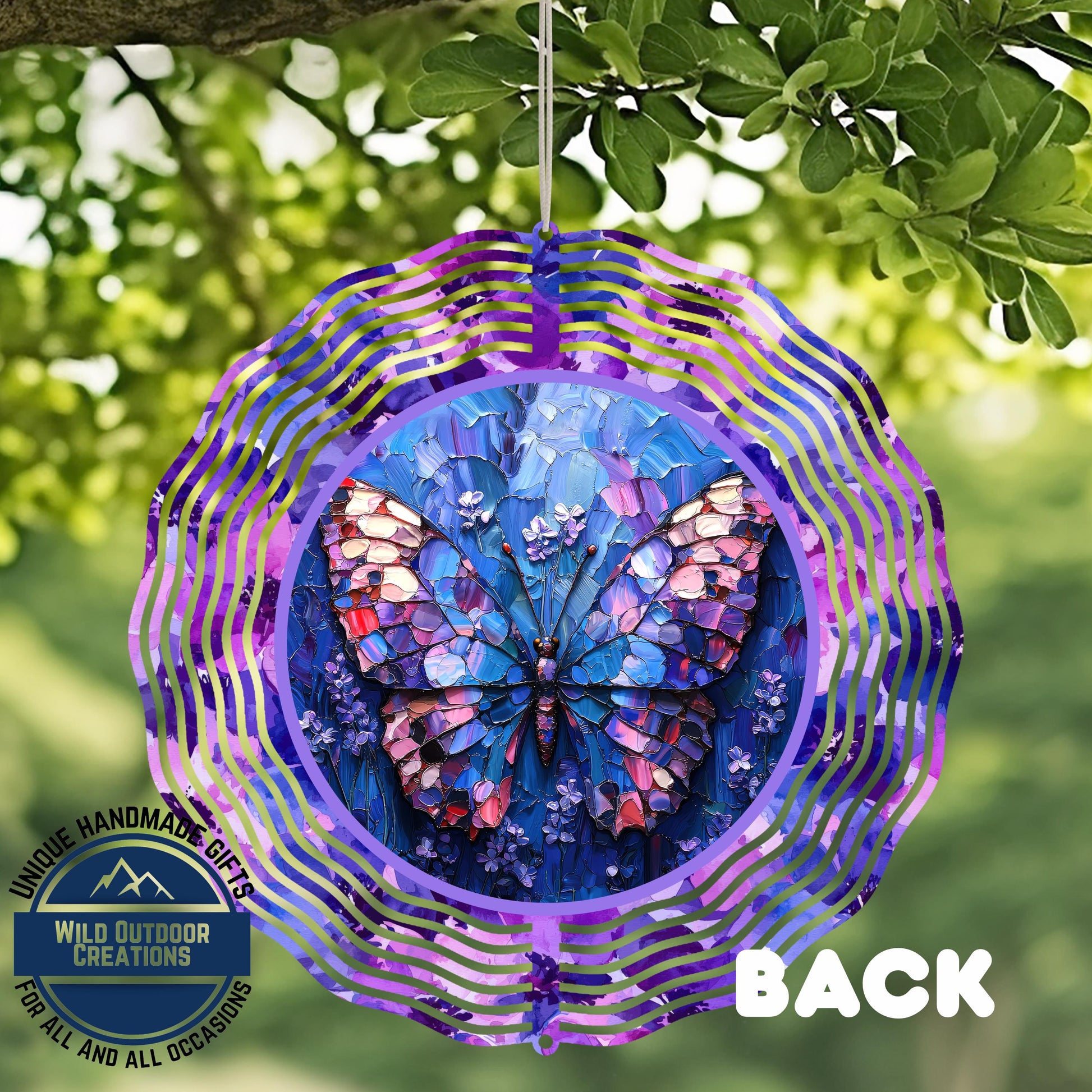 Butterfly Wind Spinner - Double Sided Mosaic Style Spinner, Purple Blue, 10 Inch Aluminum - close-up detail of design