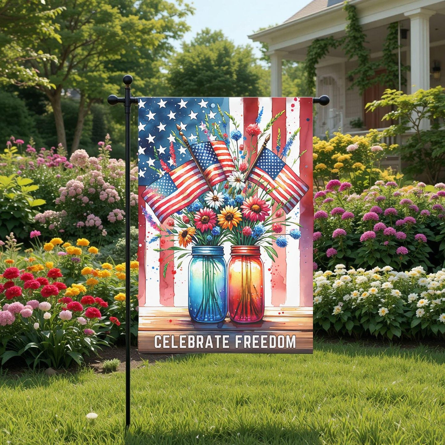 Patriotic Garden Flag – Mason Jar Flowers Floral American 12x18 Outdoor Decor
