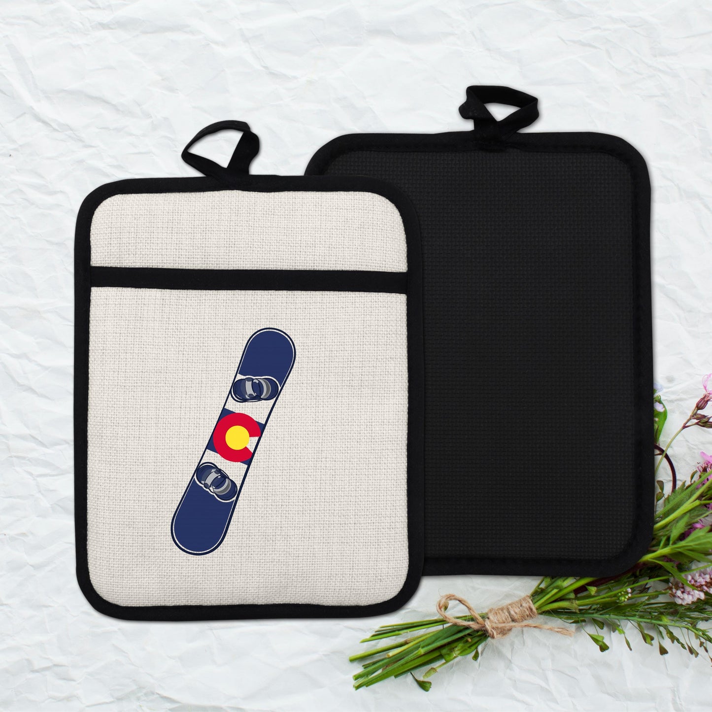 Snowboard Pot Holder - Colorado Flag Design | Linen Fabric & Silicone Backing Pad Trivet - additional product photo 12