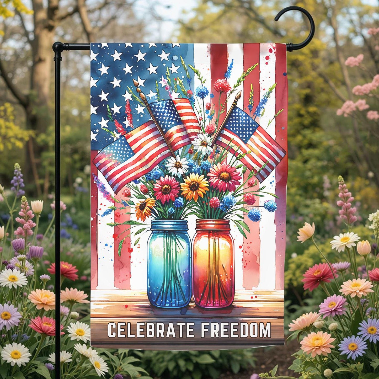Patriotic Garden Flag – Mason Jar Flowers Floral American 12x18 Outdoor Decor
