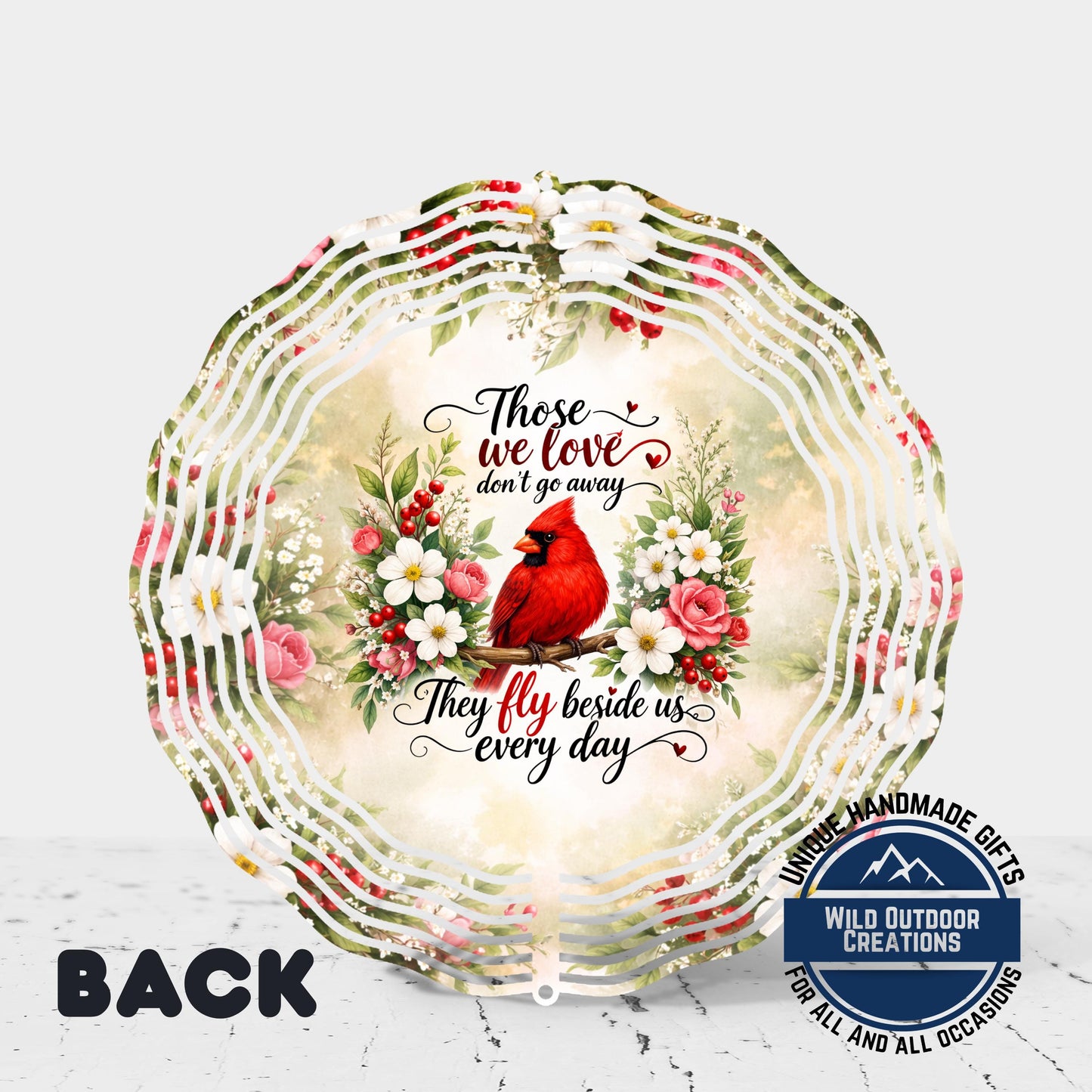 Cardinal Memorial Spinner - Vibrant Red Cardinal Garden Wind Spinner with Dogwood Flowers - design detail