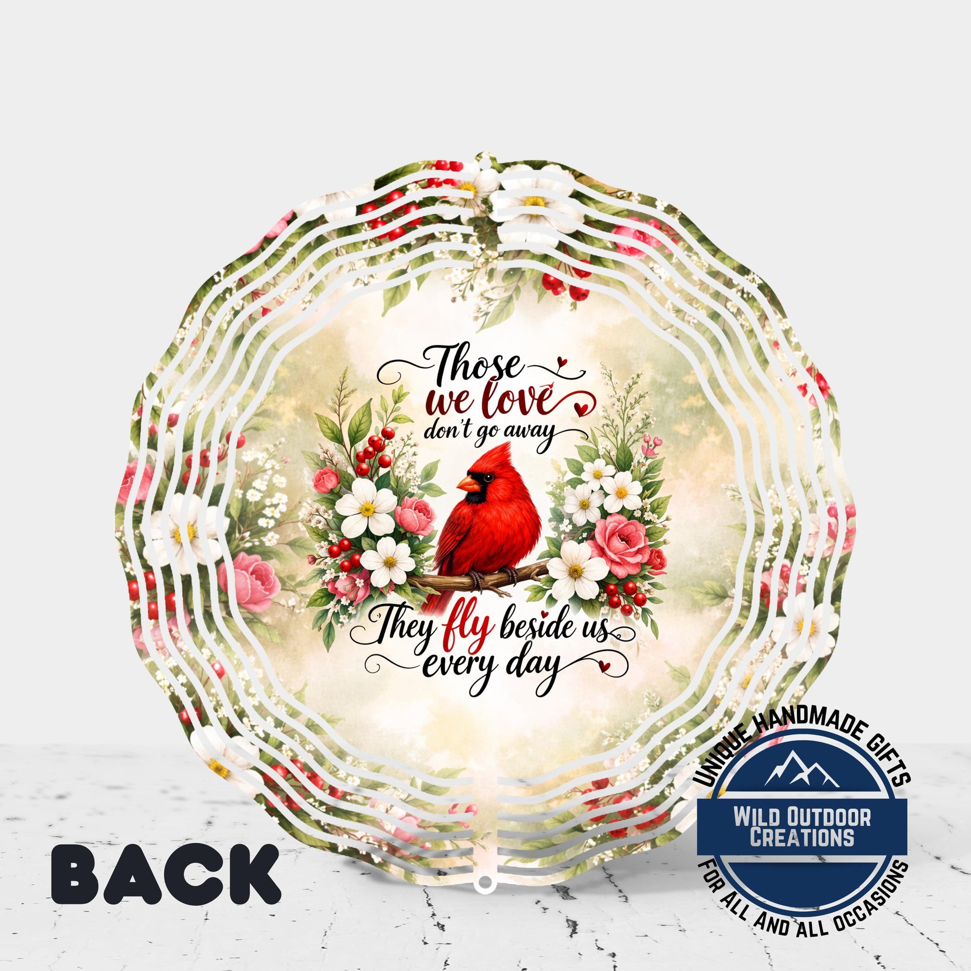 Cardinal Memorial Spinner - Vibrant Red Cardinal Garden Wind Spinner with Dogwood Flowers - design detail