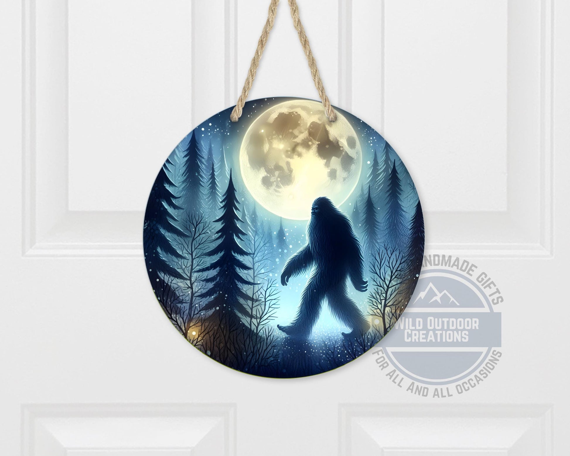 Bigfoot Door Hanger - Aluminum Round Porch Sign With Moonlit Forest Decor - scale and size reference