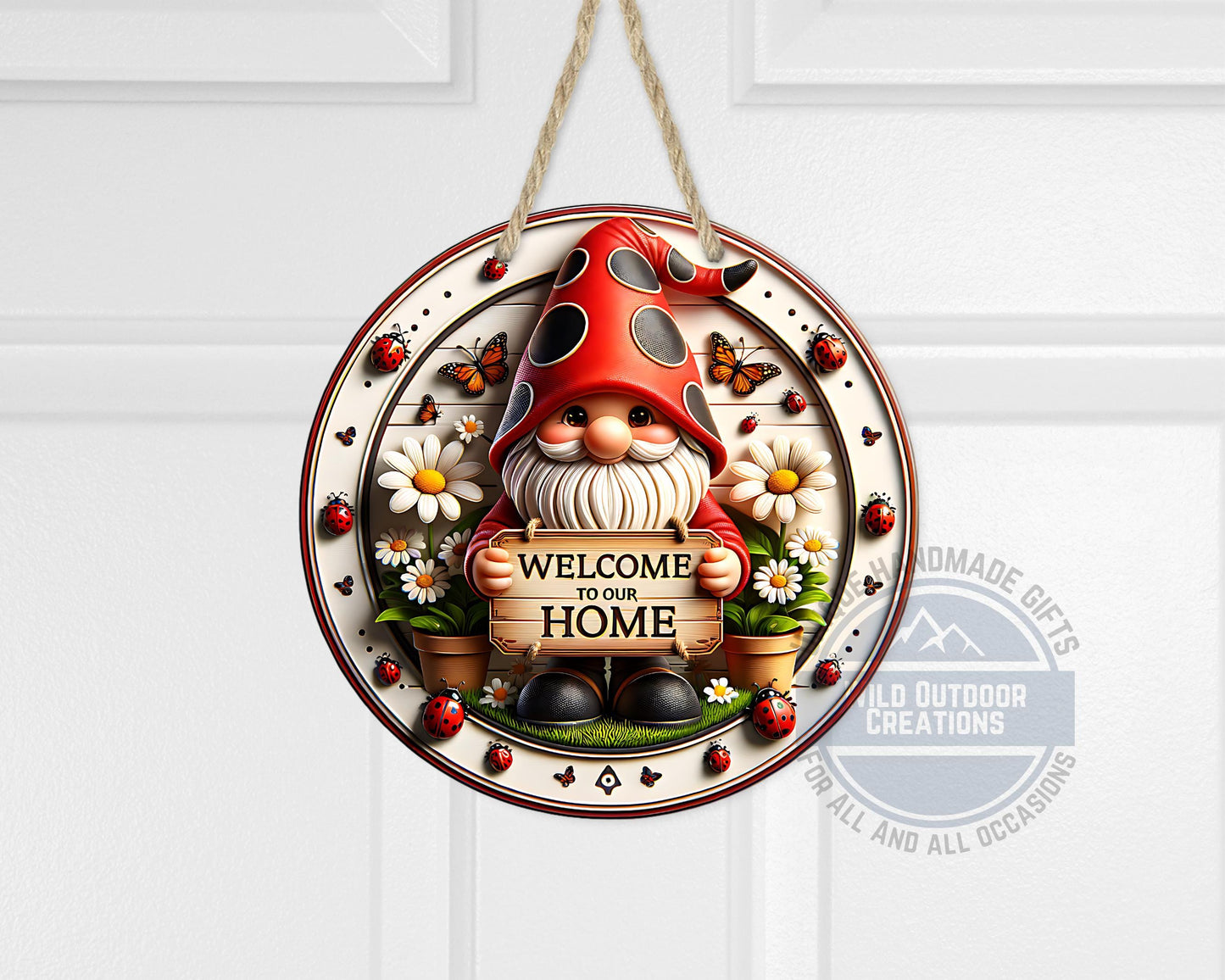 Welcome Gnome Door Hanger - Red Hat Gnome with Daisy & Ladybug Accents - alternate view
