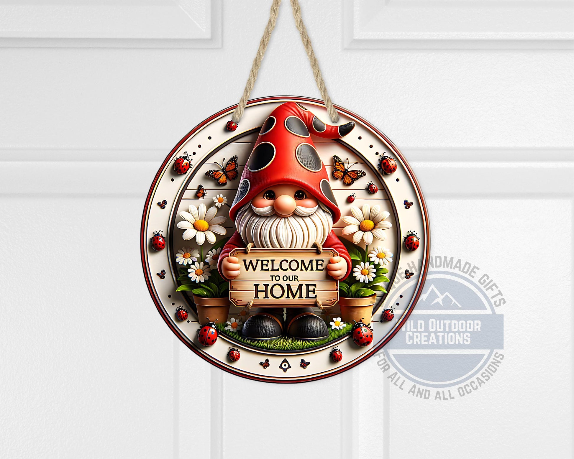 Welcome Gnome Door Hanger - Red Hat Gnome with Daisy & Ladybug Accents - alternate view