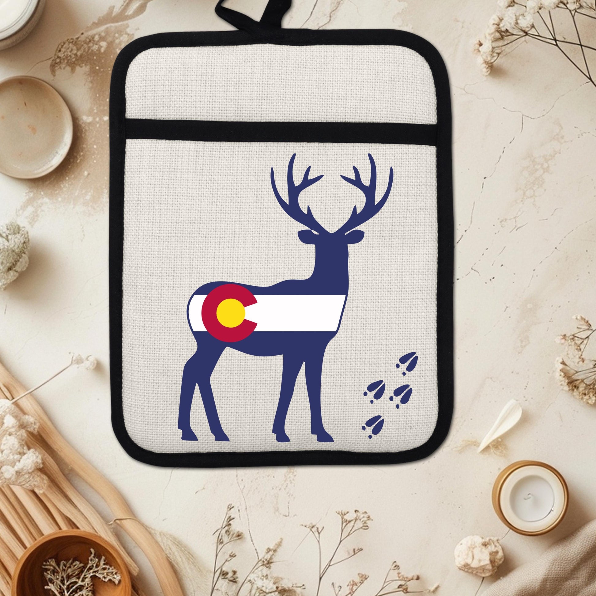 Colorado Deer Pot Holder - Linen Fabric, Silicone Back Trivet with Pocket Grip - detail view