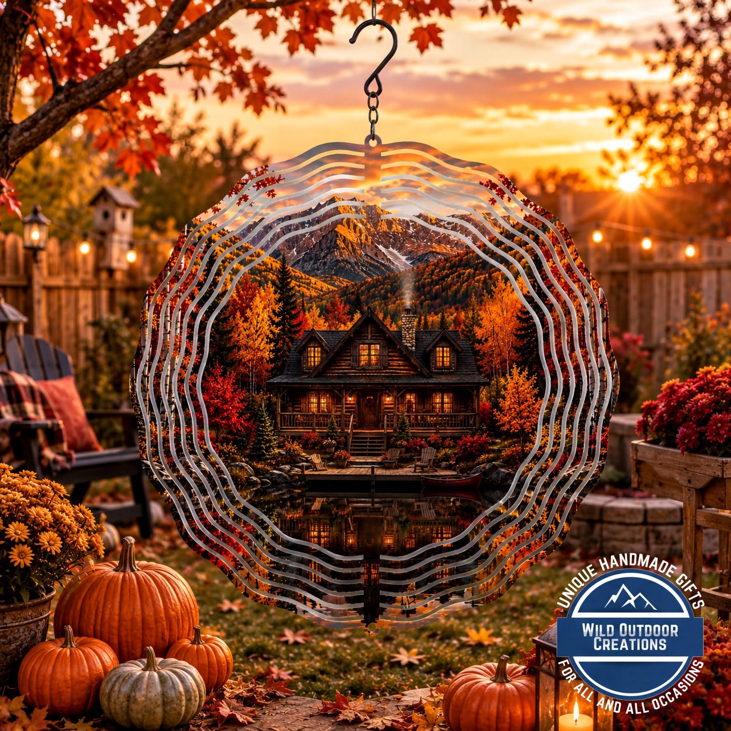 Log Cabin Wind Spinner Fall Mountain Lake Rustic Garden Decor Gift