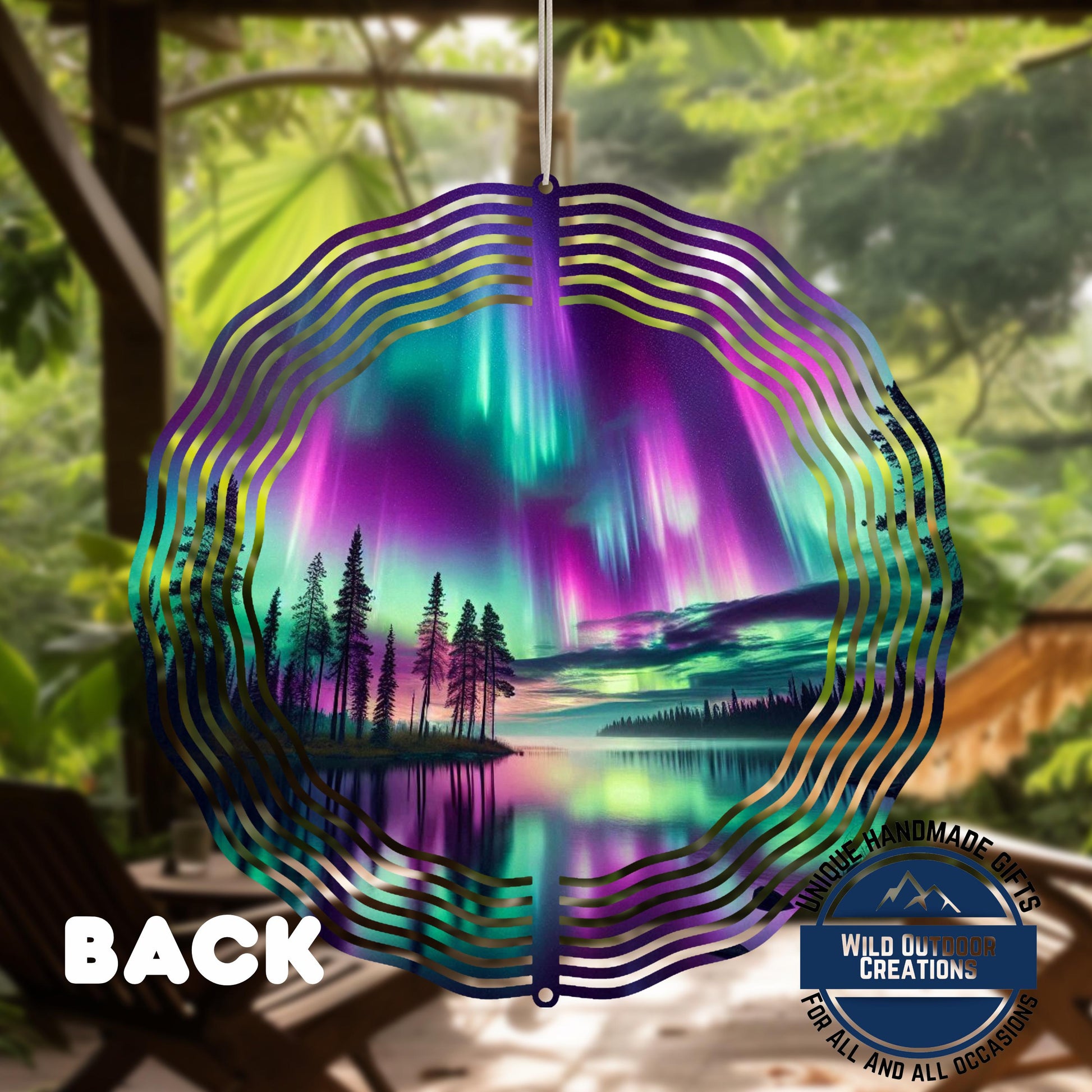 Northern Lights Wind Spinner - 10 Inch Double Sided Lake Scene Garden Decor - product dimensions and specifications