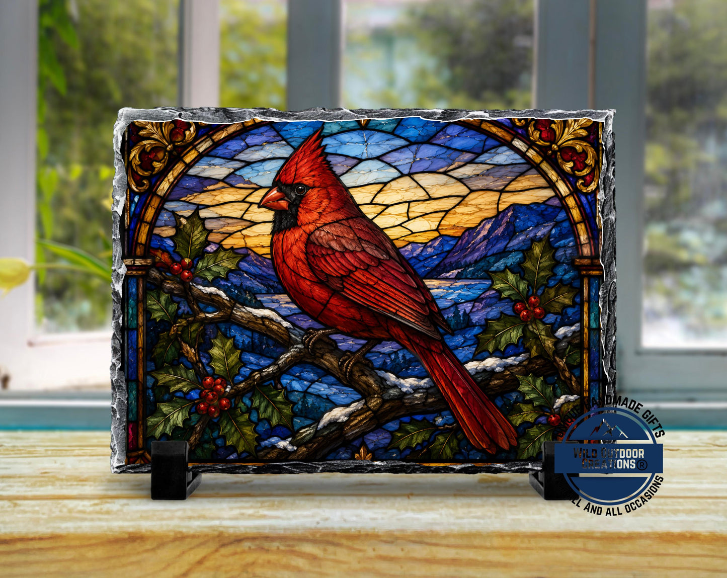 Red Cardinal Faux Stained Glass Slate Plaque, Memorial Bird Decor, Christmas Sympathy Gift