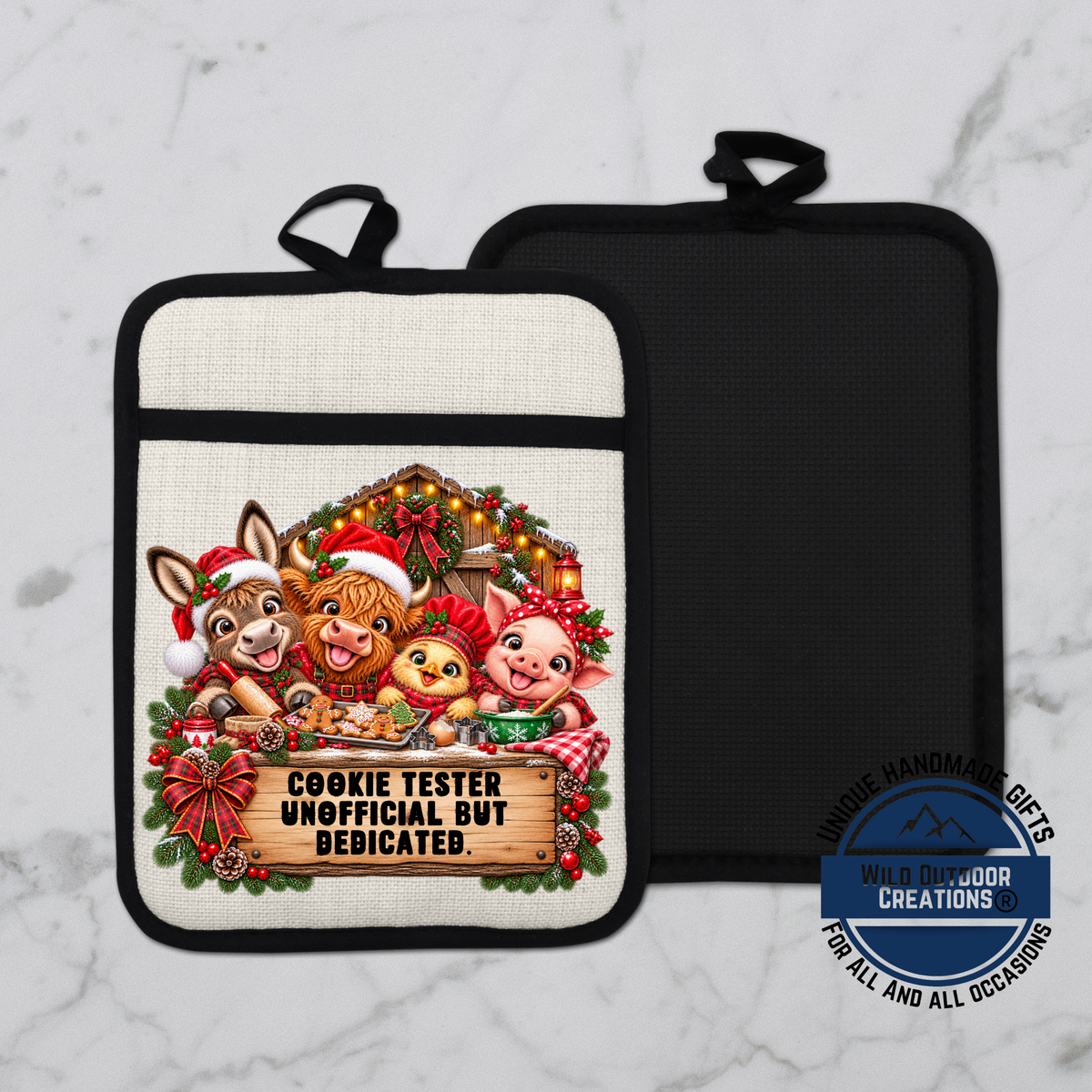 A white and black oven mitt with a cartoon illustration of animals, including a cow, pig, and chicken, along with a sign that says "Cookie Tester Unofficial But Dedicated".