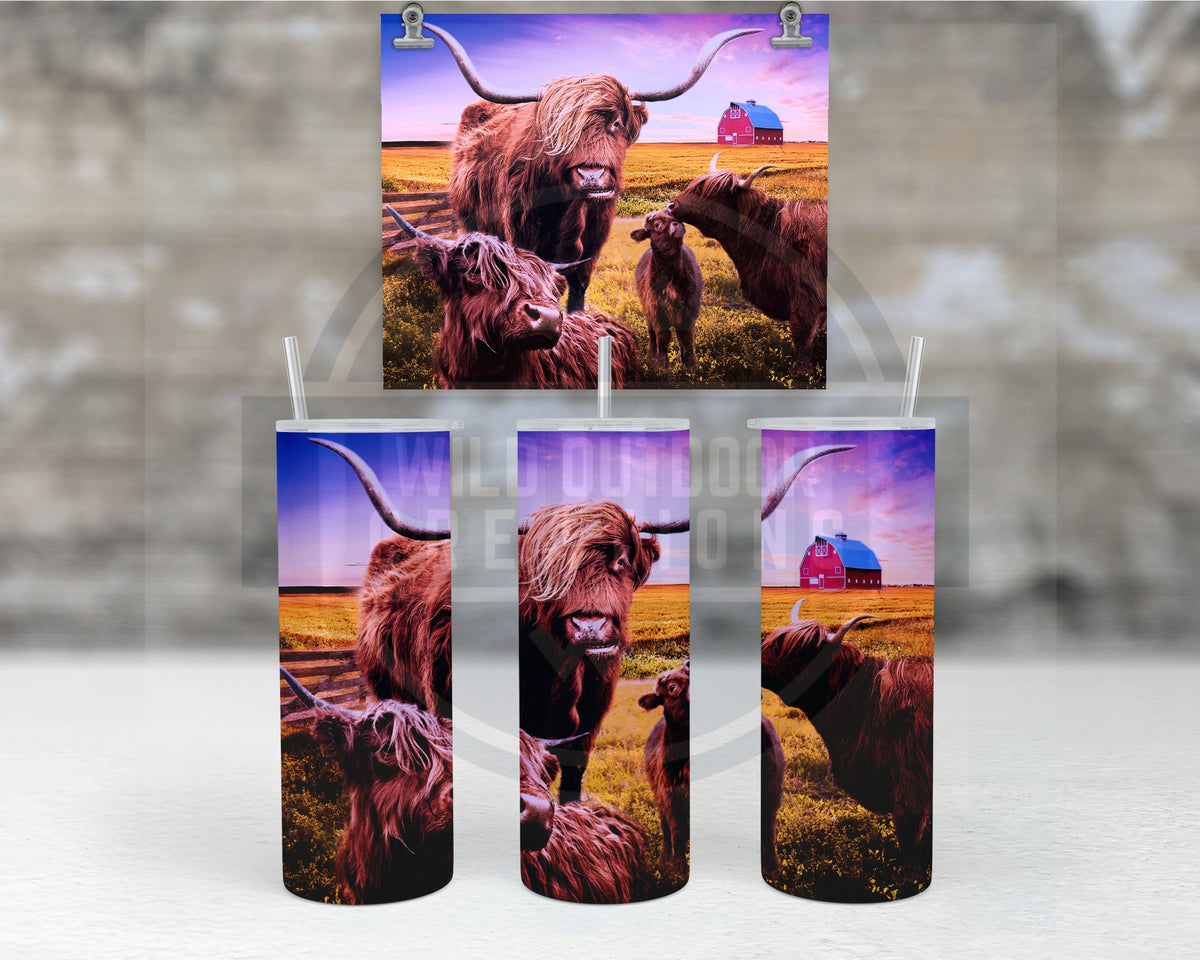Highland Cow Tumbler, Farm Scene Travel Cup, Stainless Steel, 20Oz