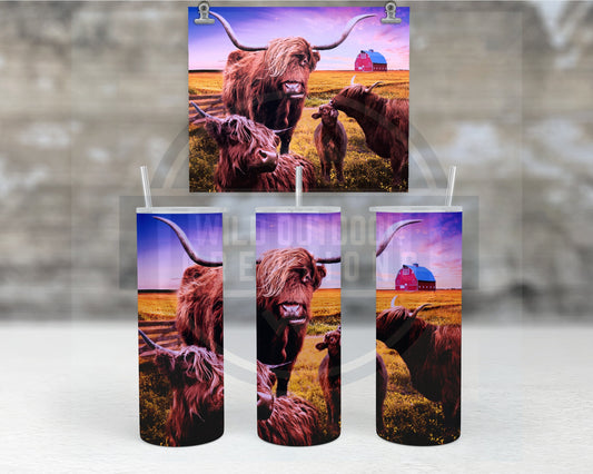 Highland Cow Tumbler, Farm Scene Travel Cup, Stainless Steel, 20Oz