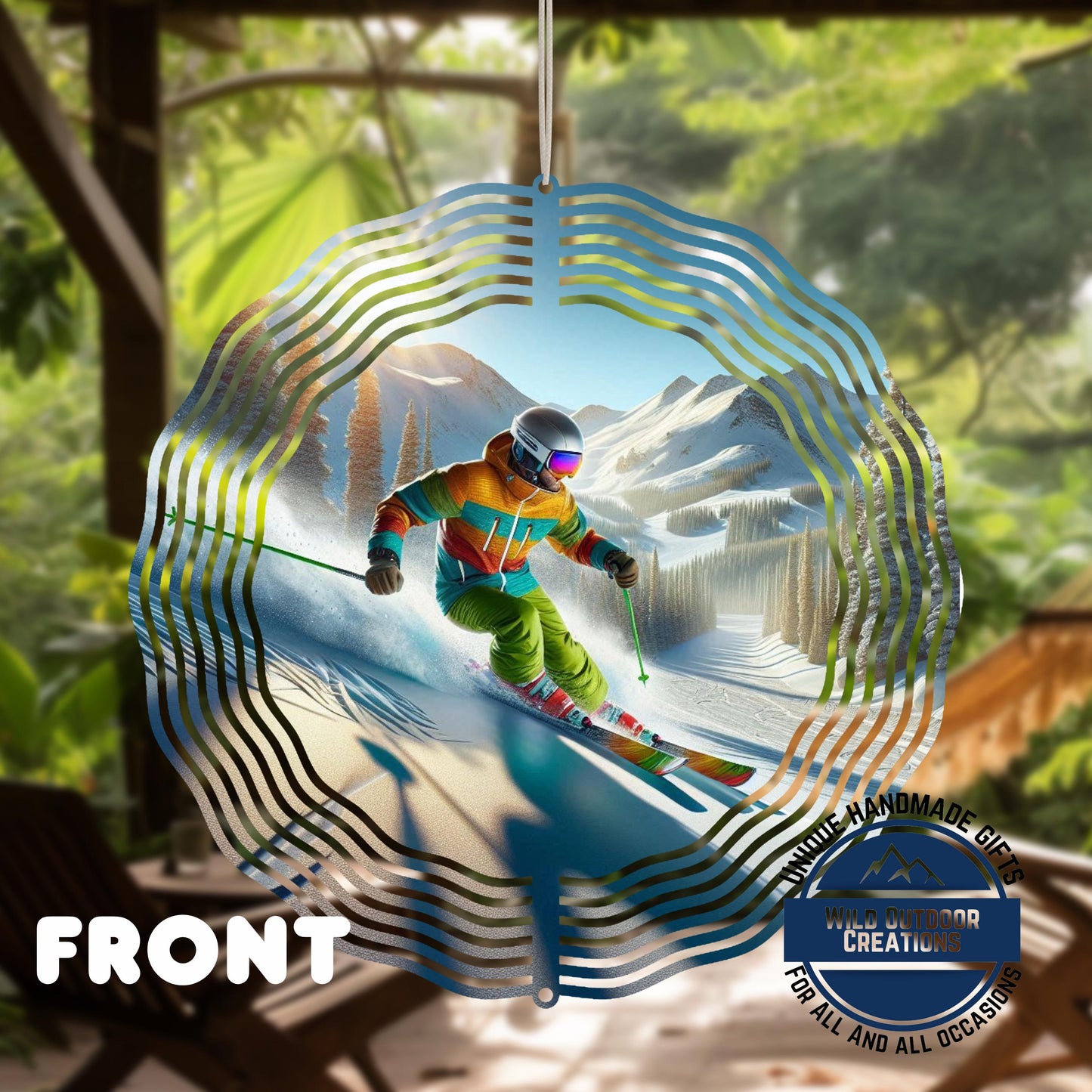 Skier Wind Spinner – Vibrant Double Sided Aluminum Art with 360 Degree Swivel - shown spinning in outdoor garden setting