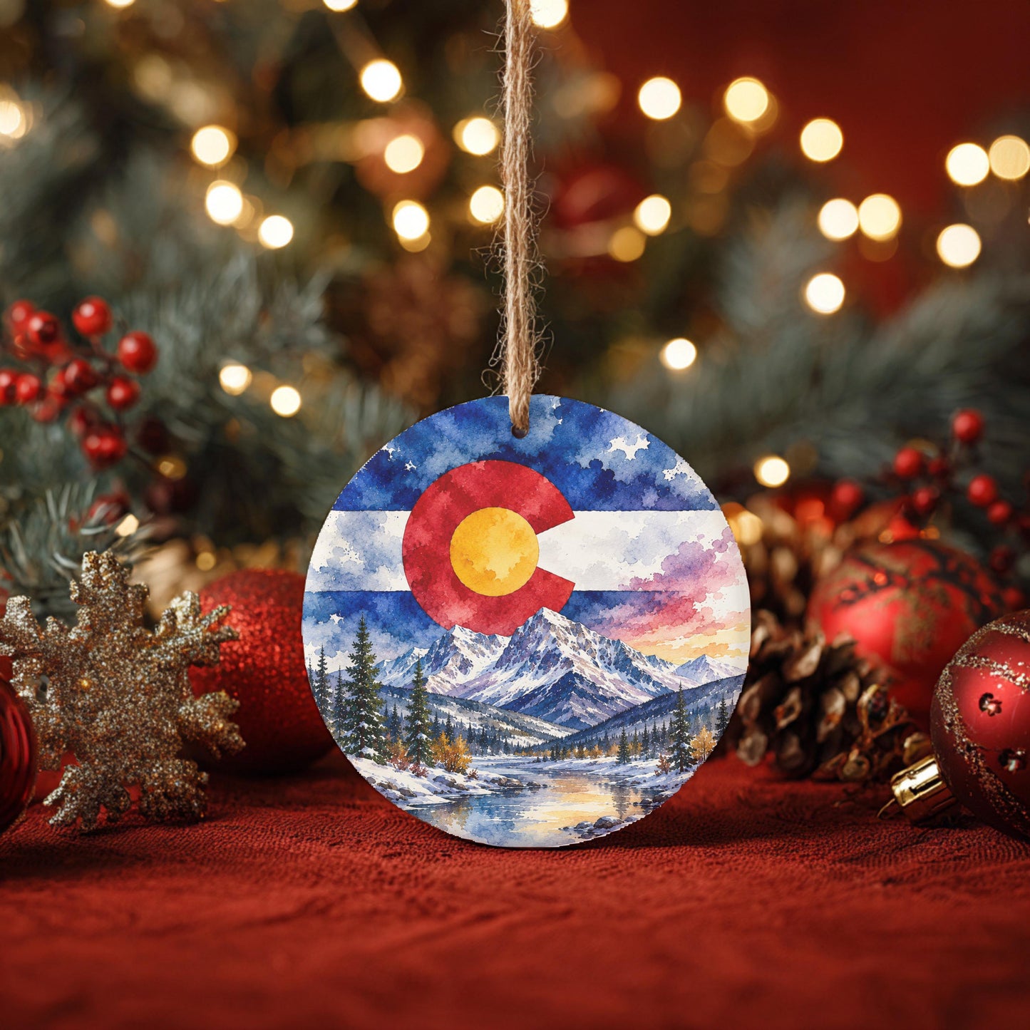 A round ornament featuring the Colorado state flag is displayed on a red surface, surrounded by Christmas decorations and ornaments.