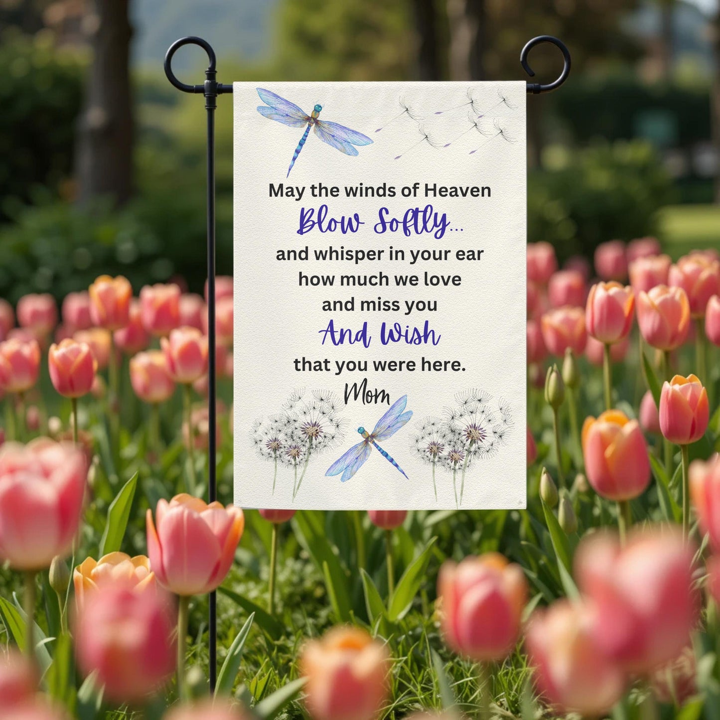 Personalized Garden Flag – Dragonfly Memorial Double-Sided 12x18 UV Protected - outdoor setting