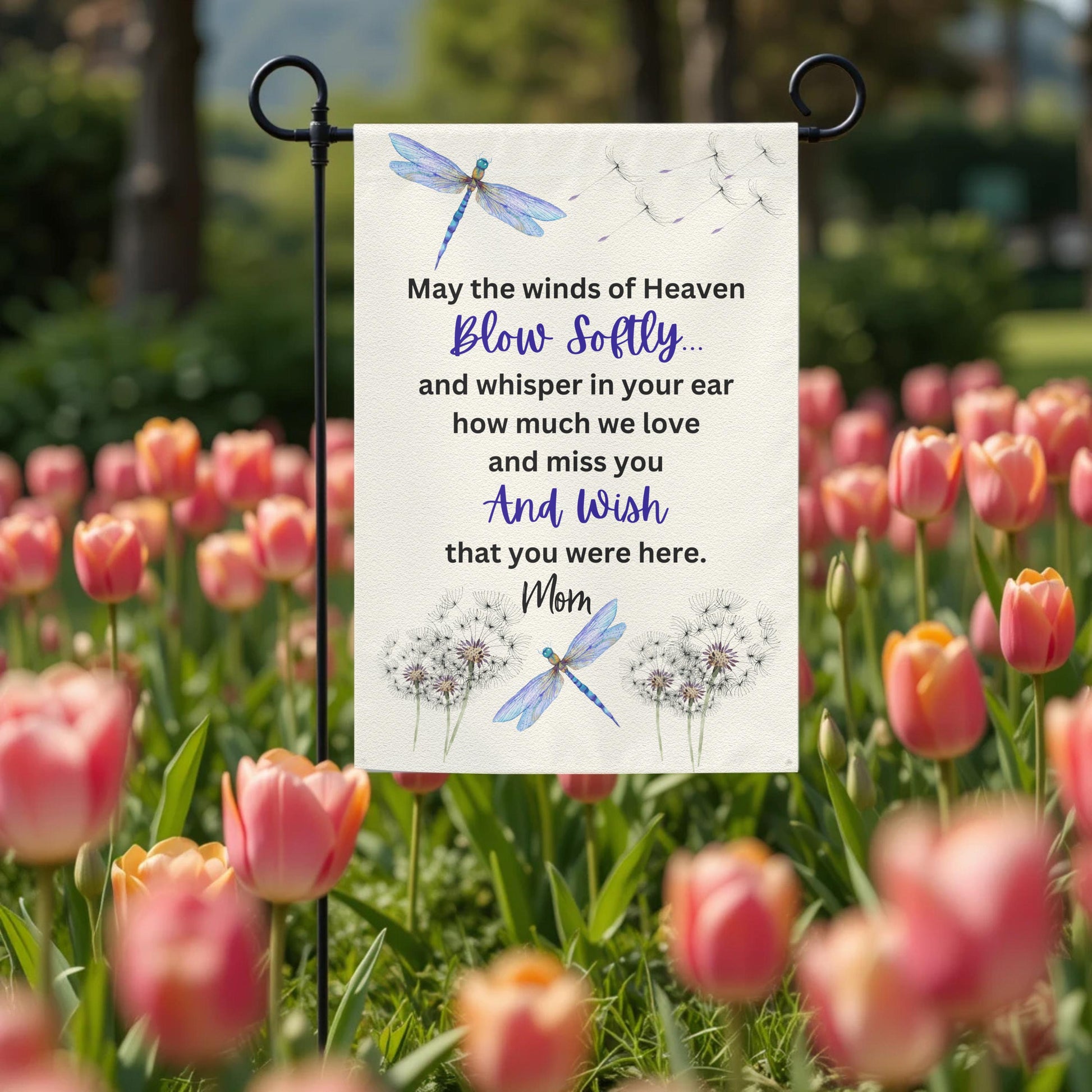 Personalized Garden Flag – Dragonfly Memorial Double-Sided 12x18 UV Protected - outdoor setting