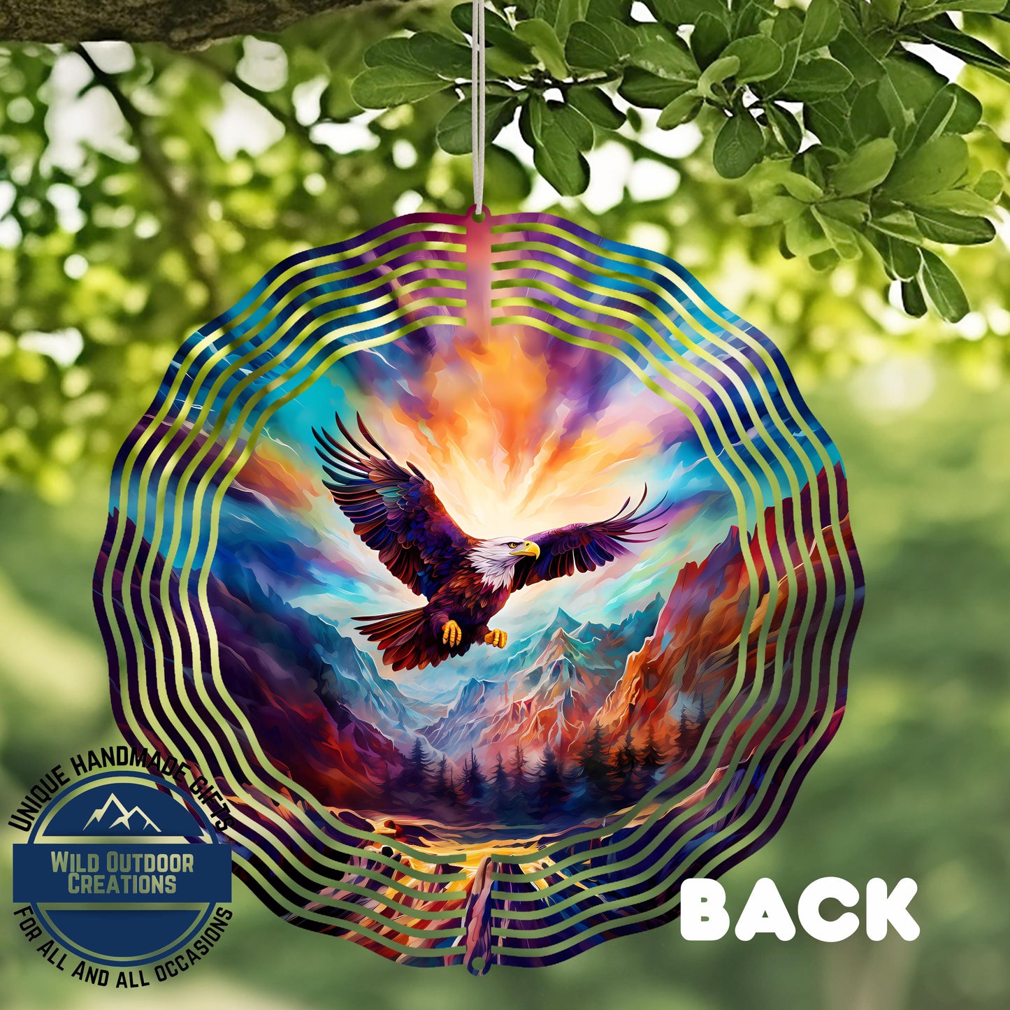 Bald Eagle Wind Spinner - Outdoor Aluminum Spinner with Mountain Sunrise Design
