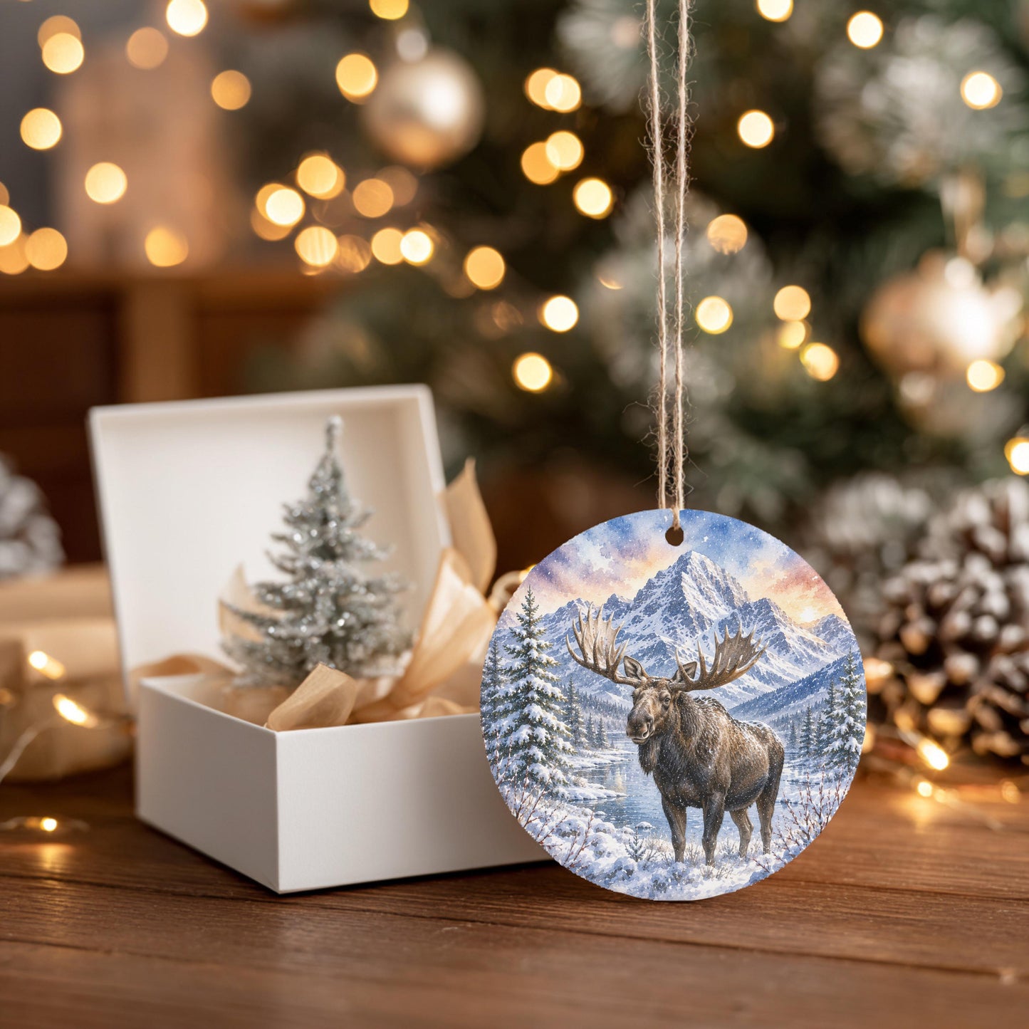 A white box containing a small Christmas tree ornament, with a larger ornament featuring a moose hanging from a string in front of a decorated Christmas tree.