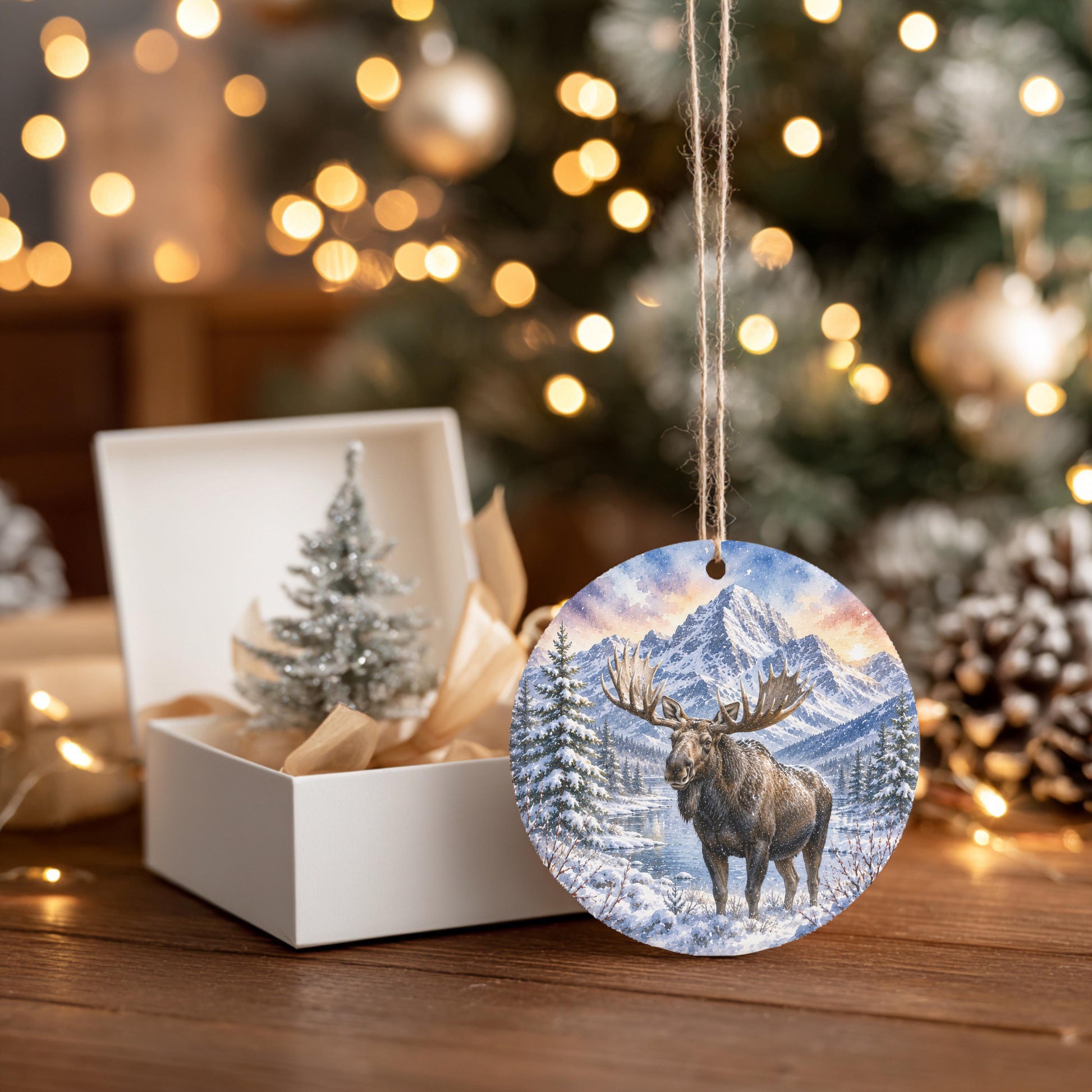 A white box containing a small Christmas tree ornament, with a larger ornament featuring a moose hanging from a string in front of a decorated Christmas tree.