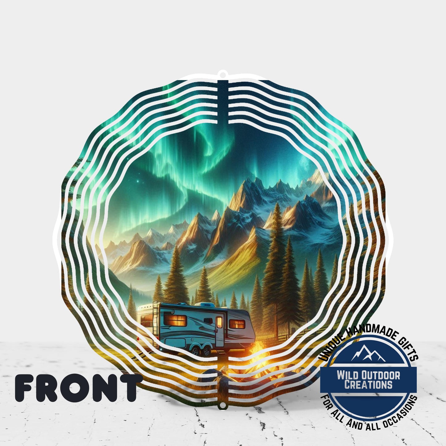 Northern Lights Wind Spinner - Double Sided Camping Spinner with Mountain Scene - back side design view