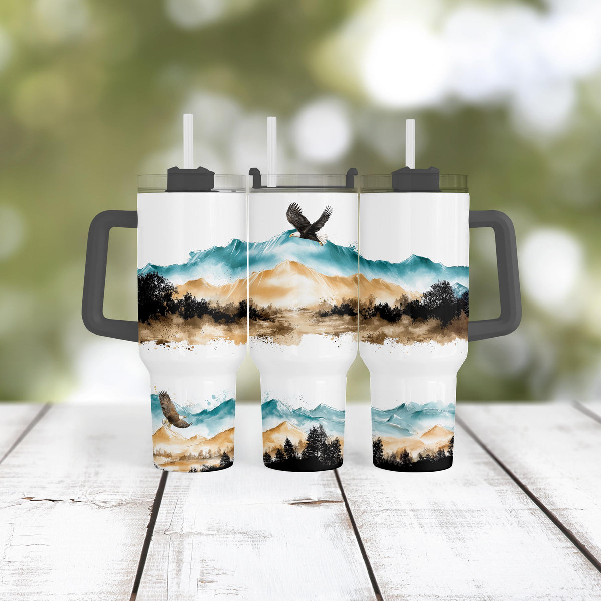 40 Oz Tumbler, Bald Eagle Teal Mountain Watercolor With Handle